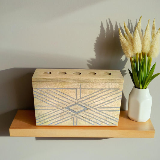 Wooden Line art carved make up brush holder