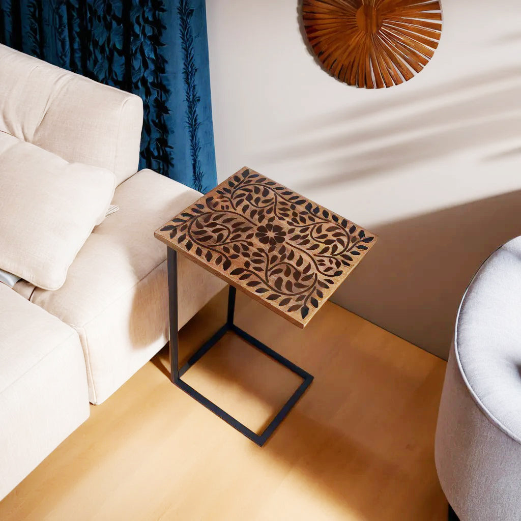 Wooden Leafs Black Contemporary C-Shape Side Table (GD1640)