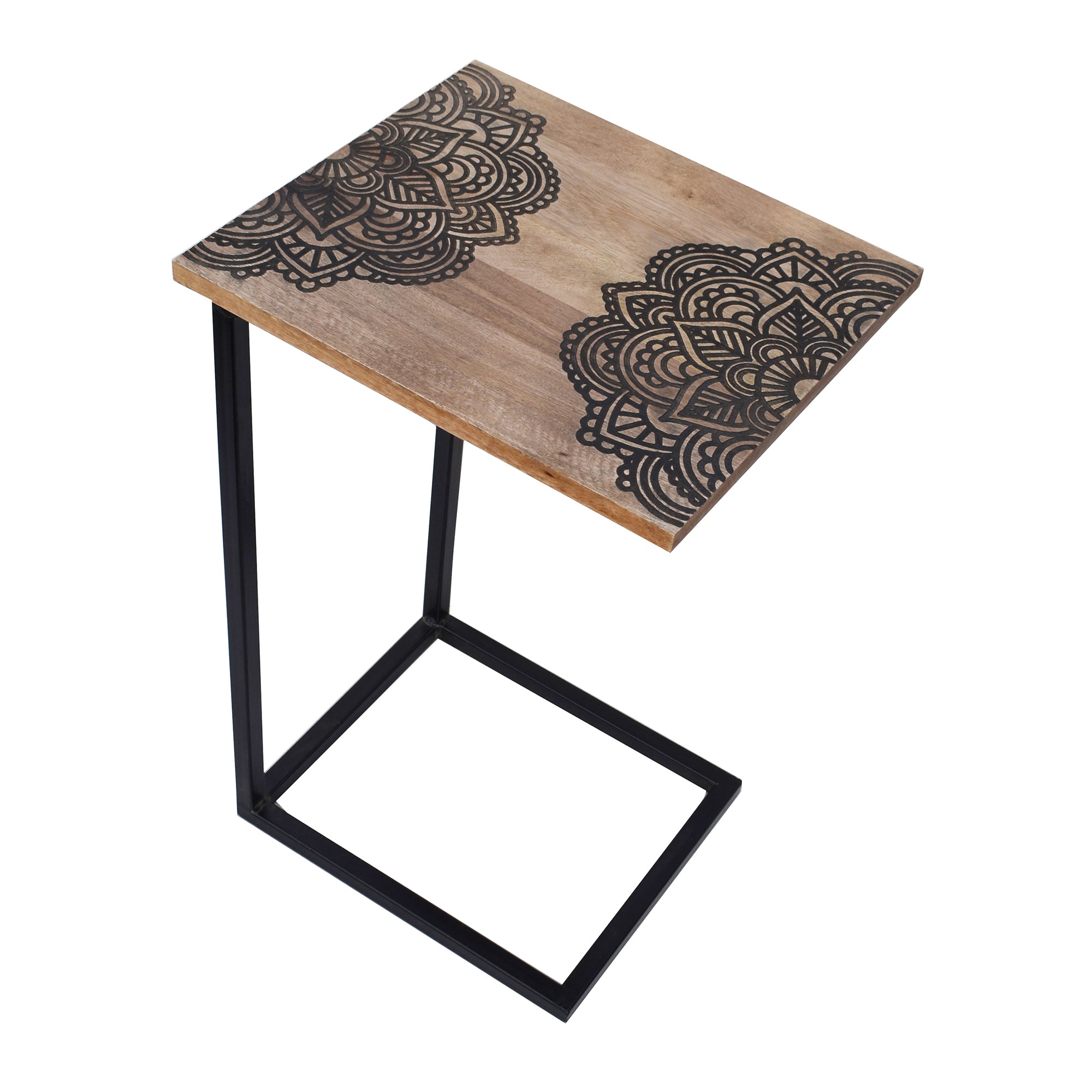 Wooden Mandala Stencil Black Natural Contemporary C-Shape Side Table (GD1640)