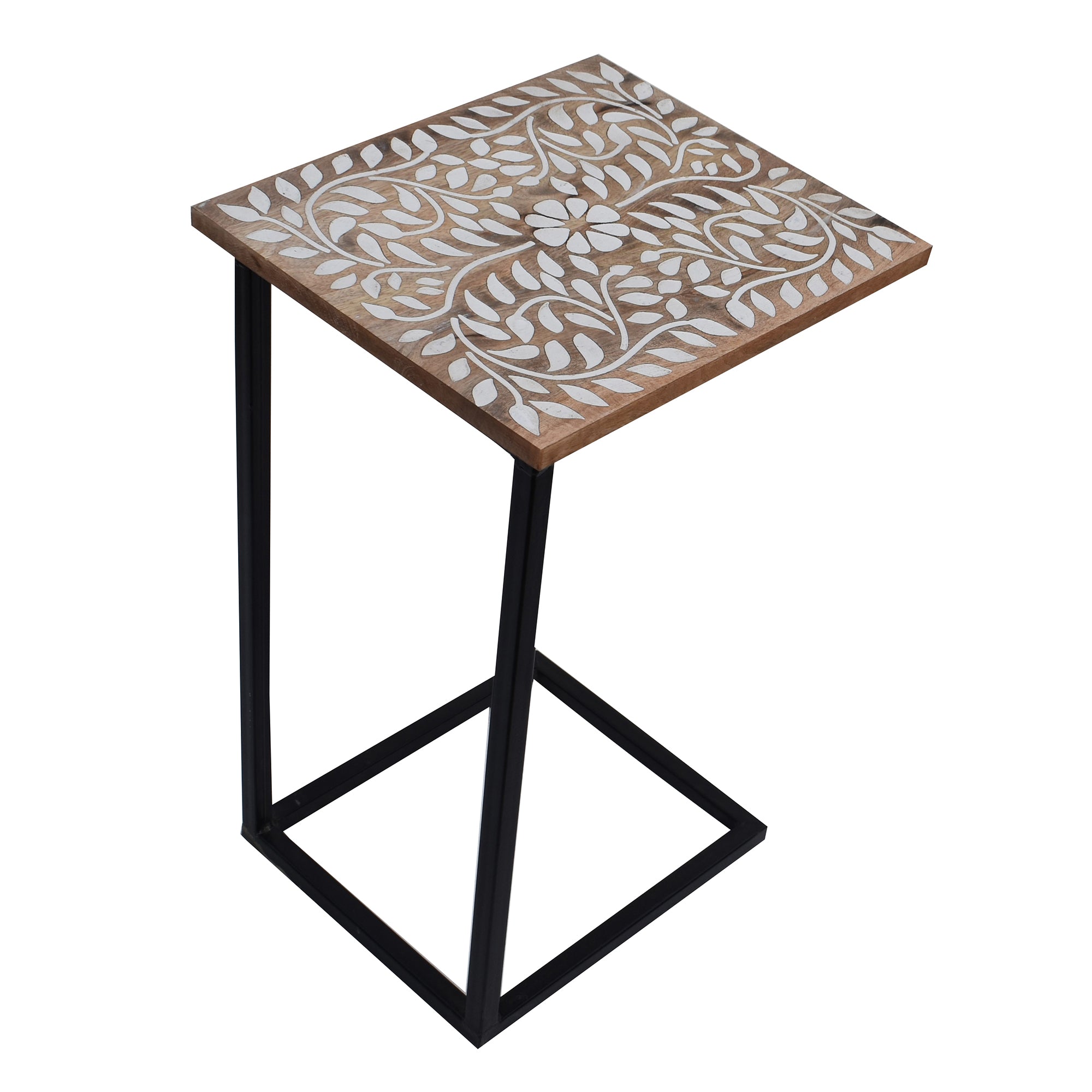 Wooden Floral White Natural Contemporary C-Shape Side Table (GD1640)