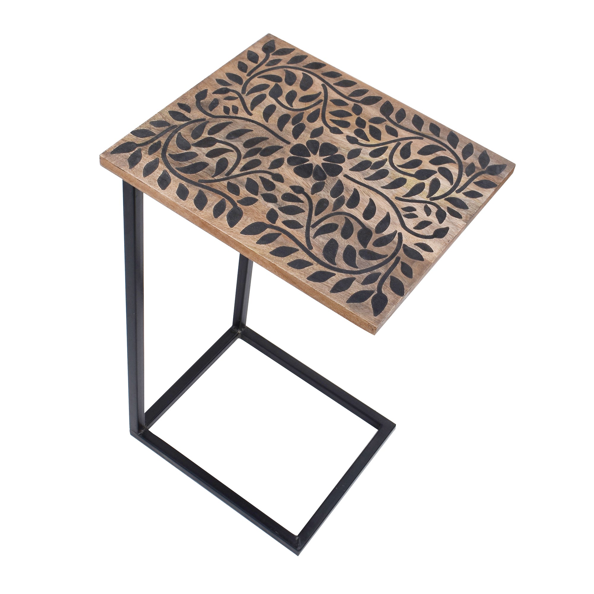 Wooden Floral Black Natural Contemporary C-Shape Side Table (GD1640)
