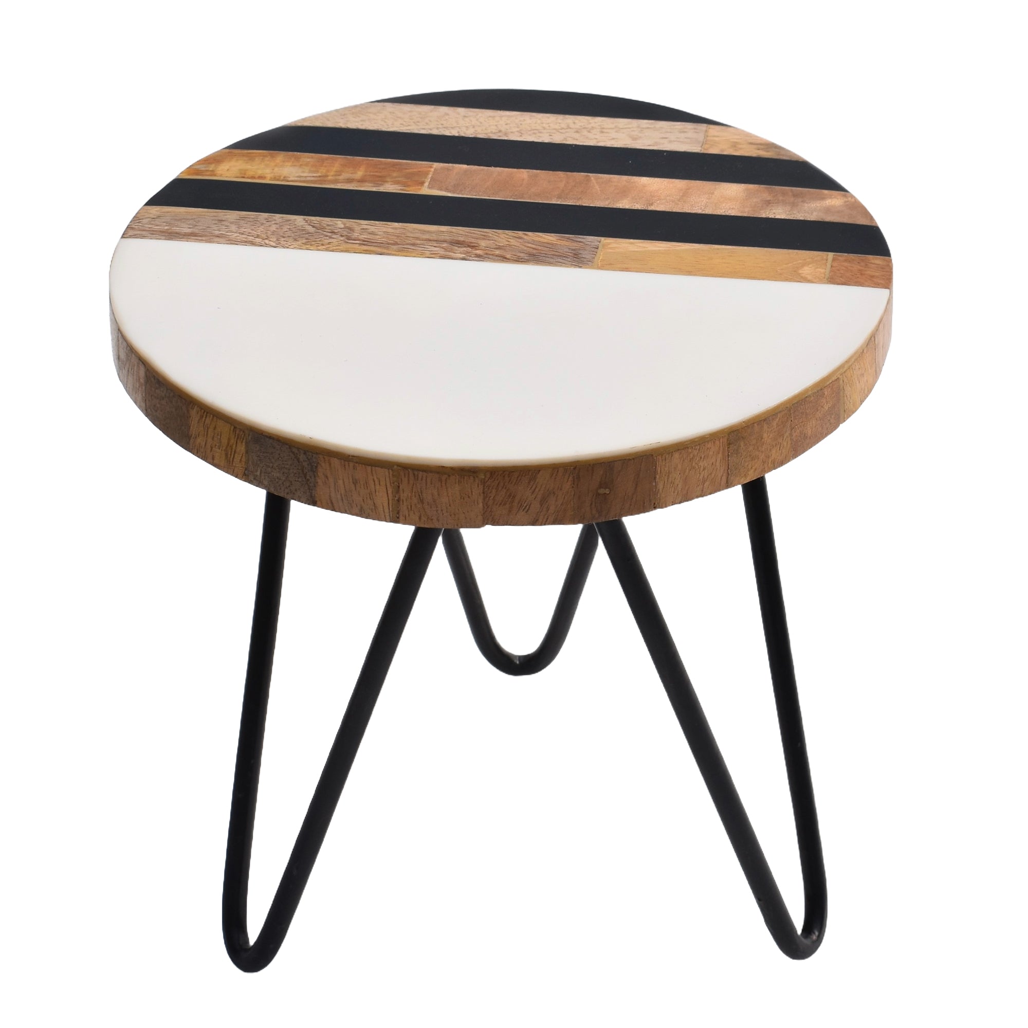 White, Black & Natural Plant Stand with Wooden Base and Resin Top (20x20cm) | Versatile Indoor/Outdoor Flower Pot Holder, Stool, and Decorative Accent | Modern Home and Garden Decoration