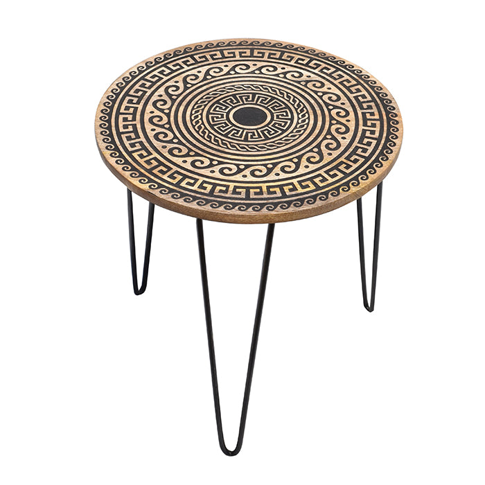 Black Natural Decorative Side wooden Table | Handcrafted Wooden Base with Carving | Metal Legs | 19x18 Inches