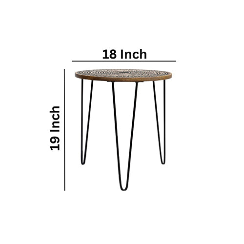 Black Natural Decorative Side wooden Table | Handcrafted Wooden Base with Carving | Metal Legs | 19x18 Inches