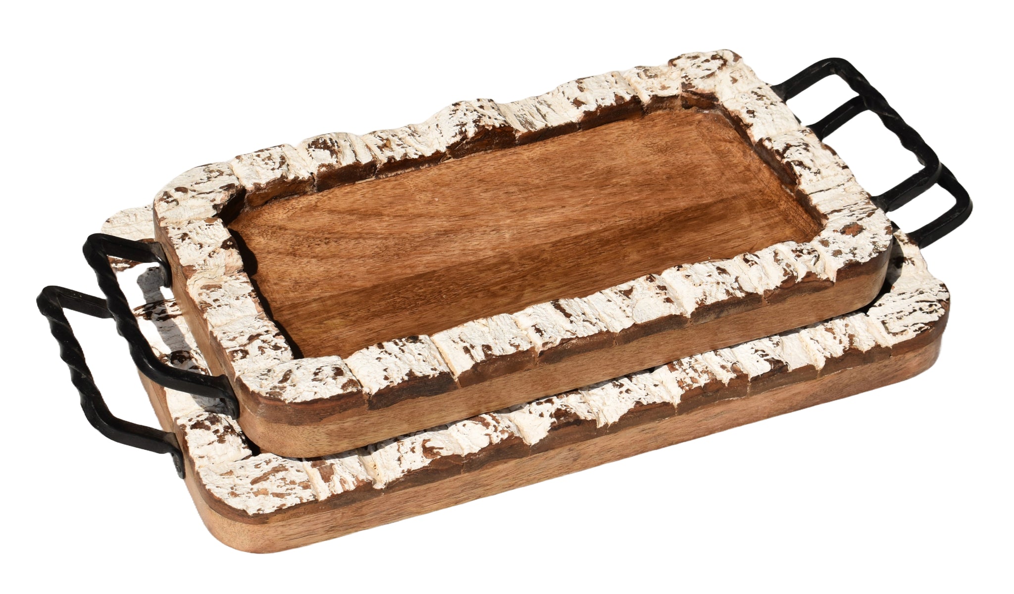Rustic Wooden Serving Tray with Distressed White Border and Metal Handles - Handcrafted Decorative Tray for Home Entertaining