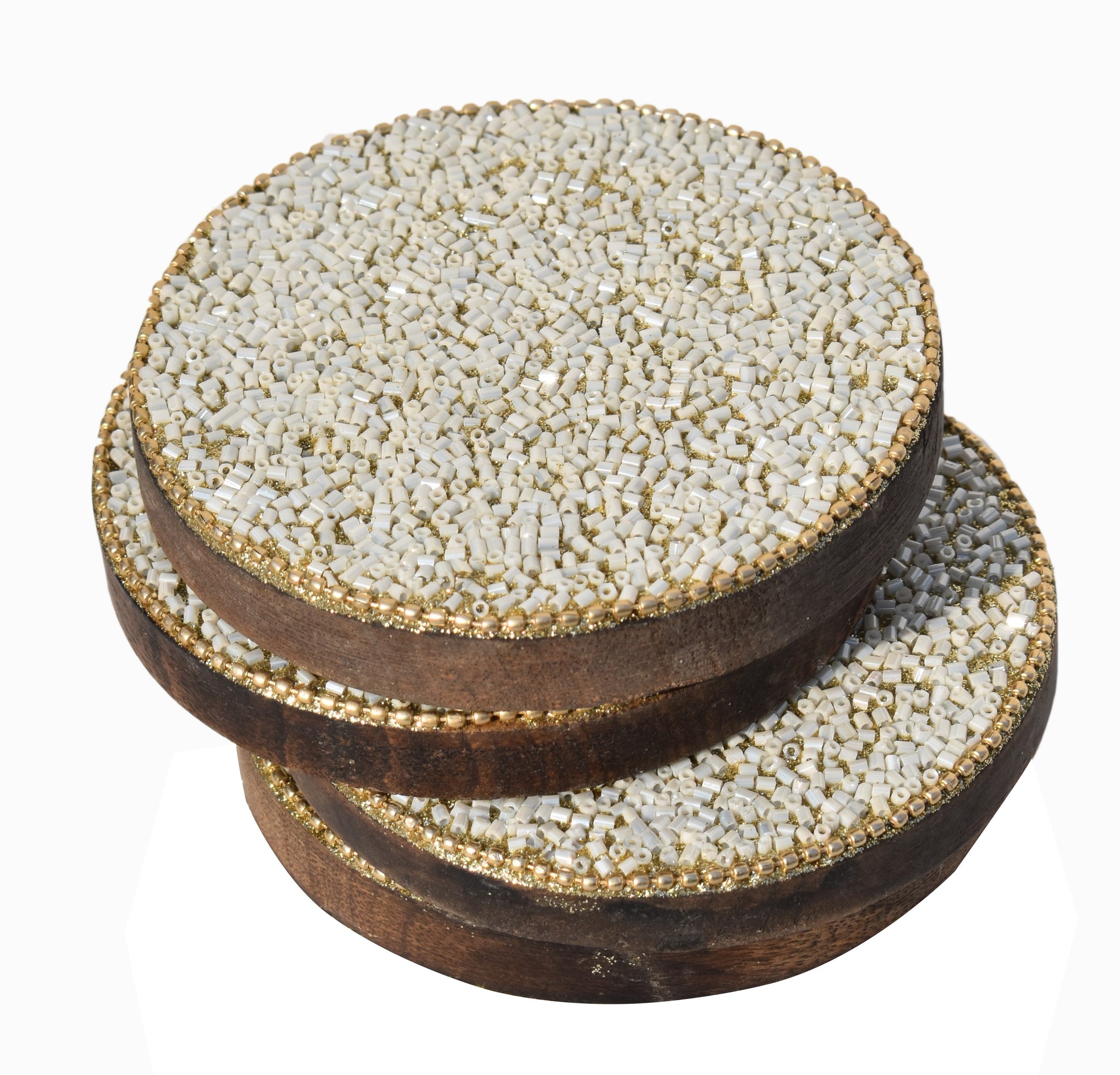 White Beads Wooden Handmade Round Coaster Set (10x10cm) for Home, Office Table, Gift (Pack of 4)