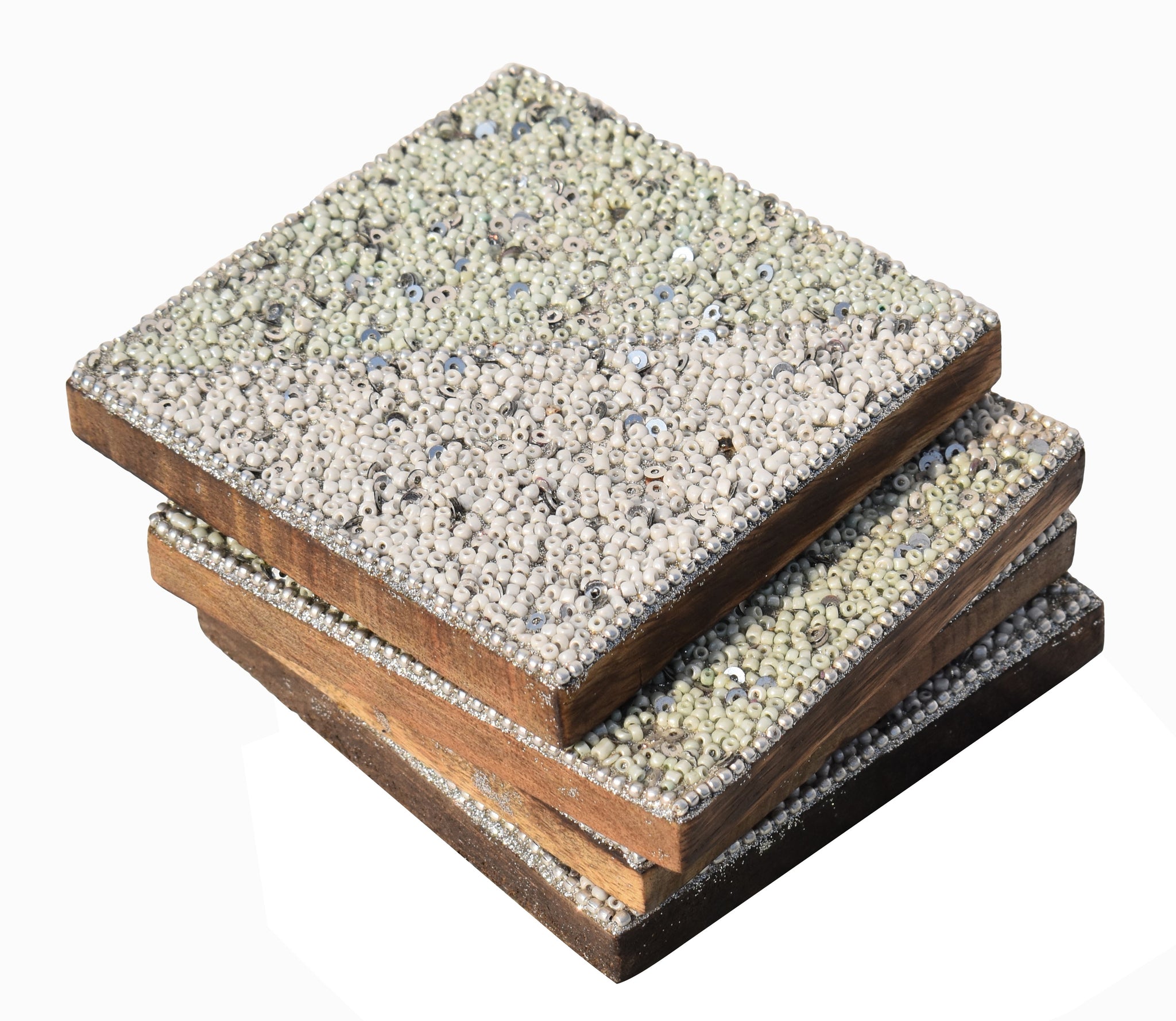 White Beads Wooden Handmade Square Coaster Set (10x10cm) for Home, Office Table, Gift (Pack of 4)