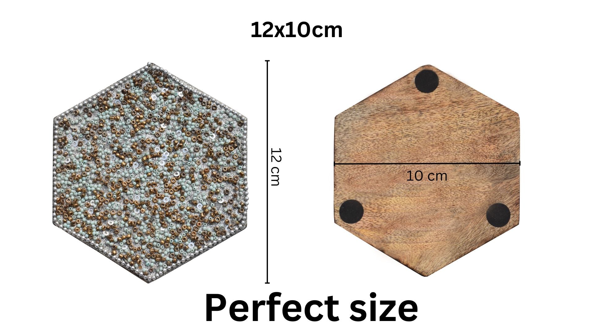 Golden & Light Green Beads Wooden Handmade Hexagon Coaster Set (10x10cm) for Home, Office Table, Gift (Pack of 4)