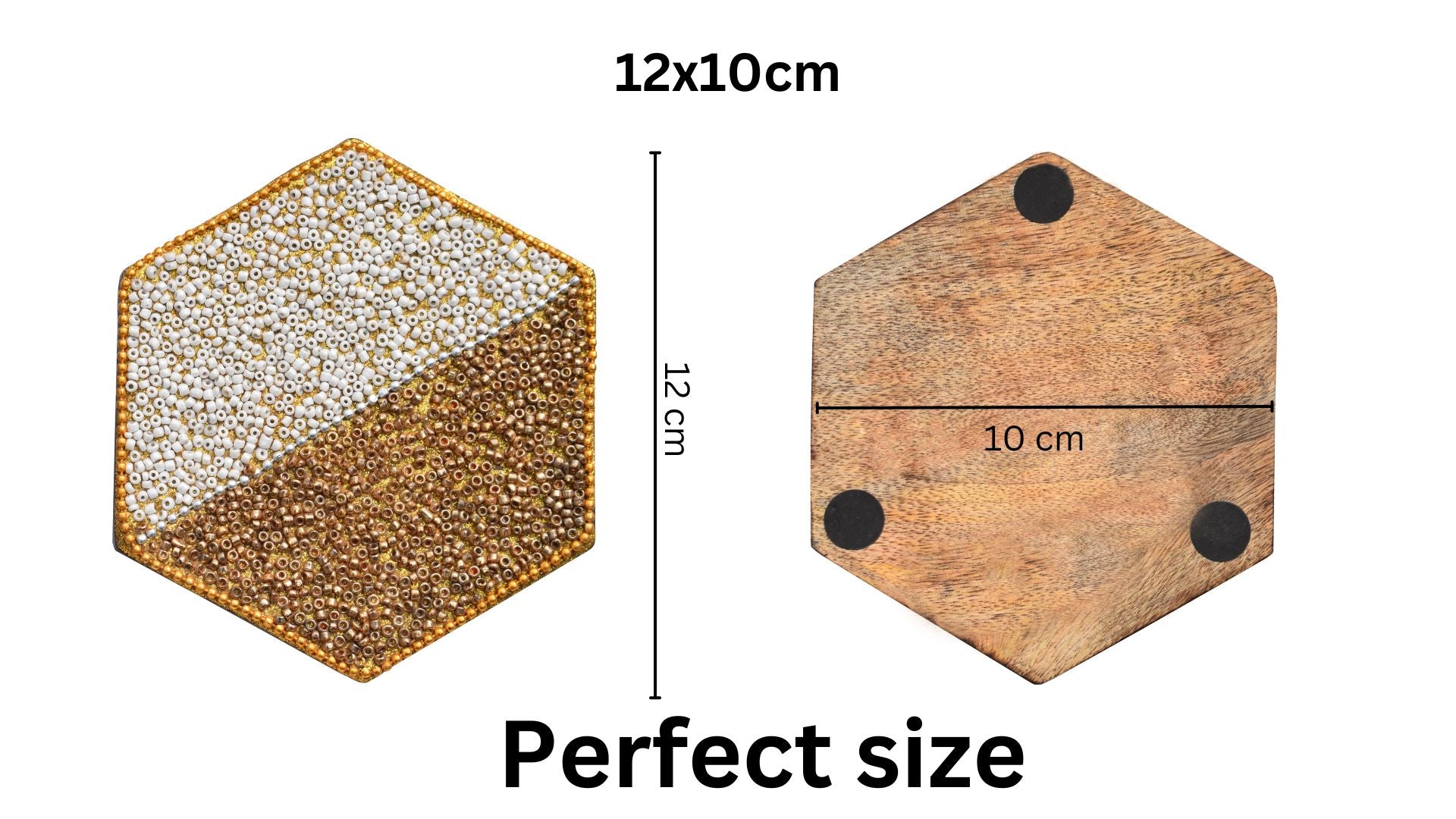 White & Golden Beads Wooden Handmade Hexagon Coaster Set of 4 (10x10cm) for Home, Office Table, Gift (Pack of 4)