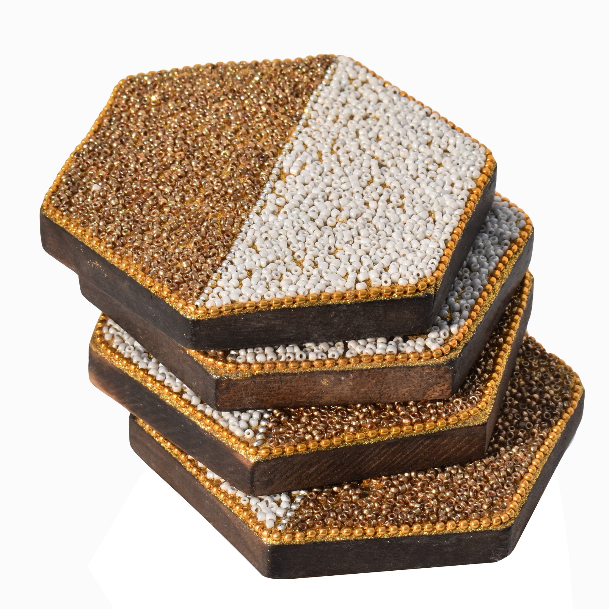 White & Golden Beads Wooden Handmade Hexagon Coaster Set of 4 (10x10cm) for Home, Office Table, Gift (Pack of 4)
