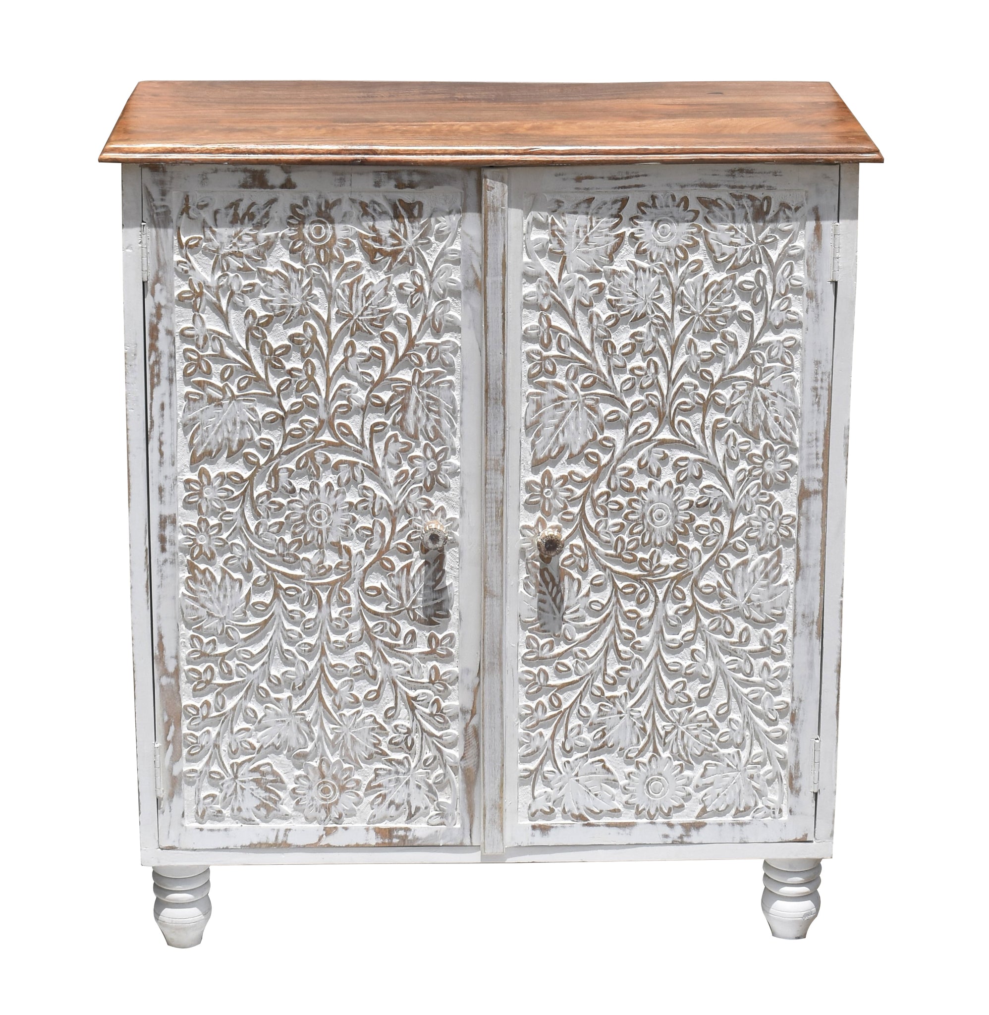 Wooden Carved Cabinet with White Antique Finish | Handcrafted Storage Cabinet