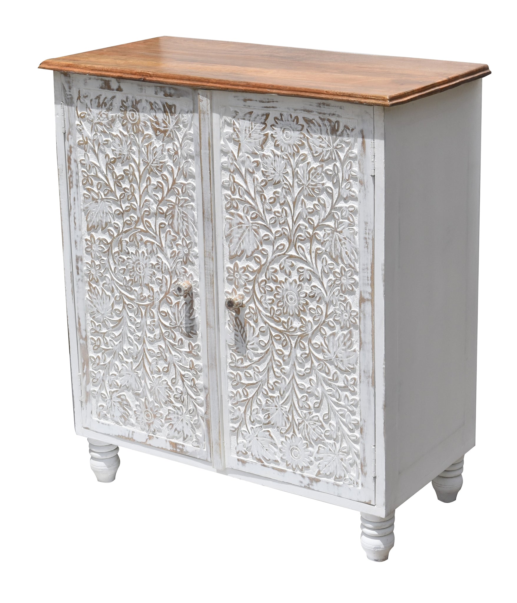 Wooden Carved Cabinet with White Antique Finish | Handcrafted Storage Cabinet