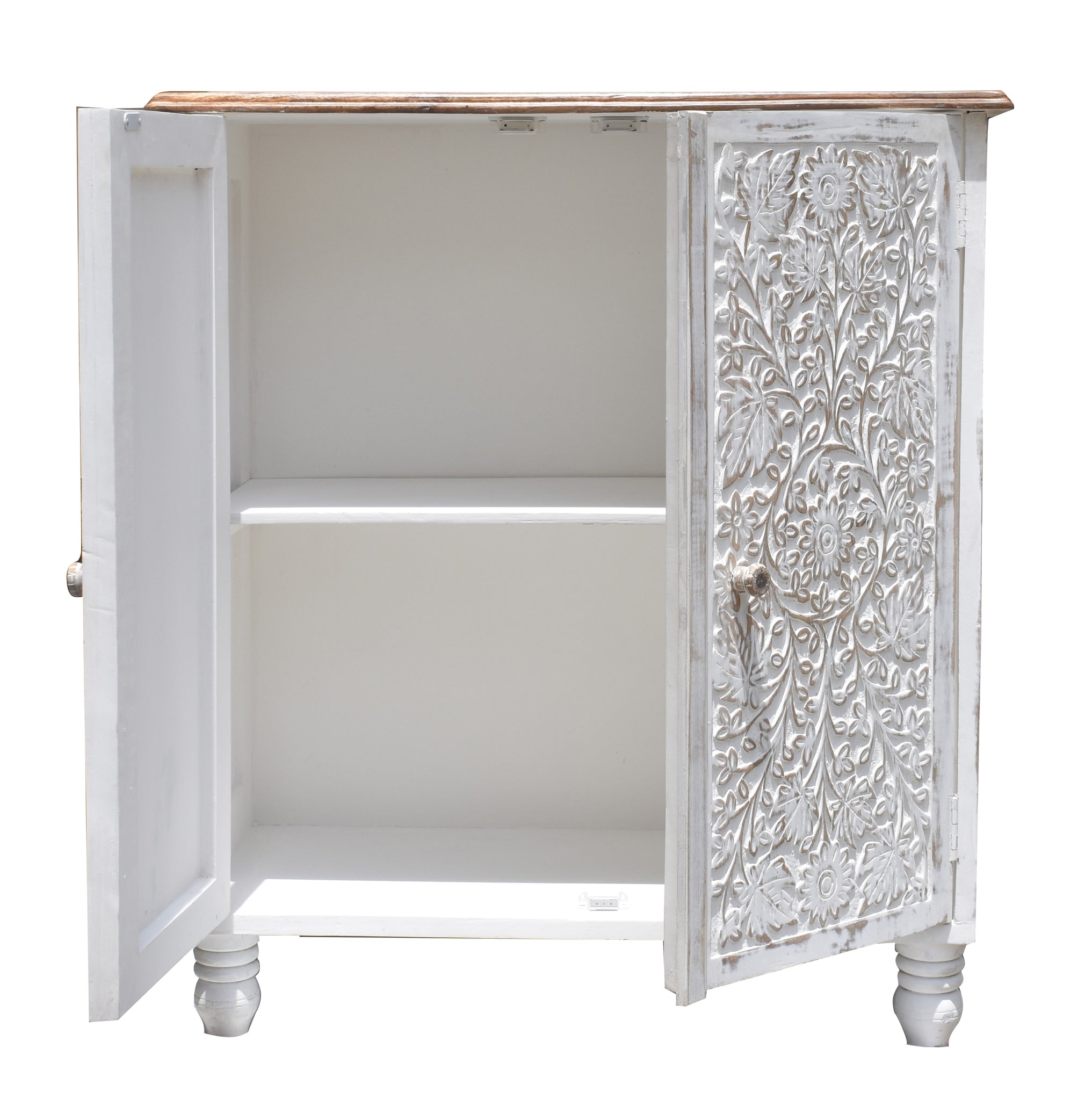 Wooden Carved Cabinet with White Antique Finish | Handcrafted Storage Cabinet