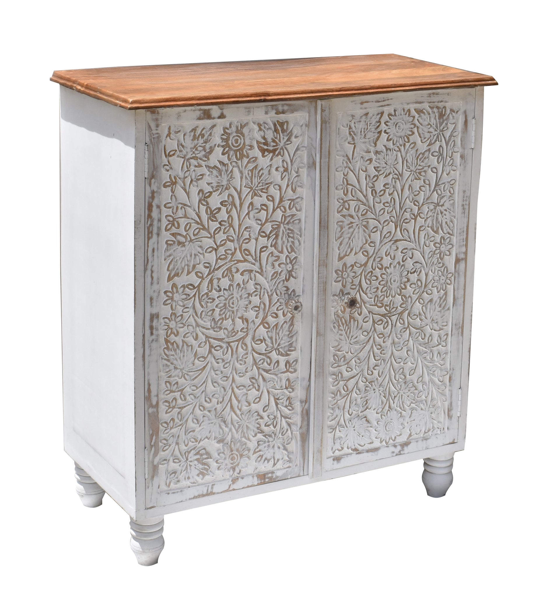 Wooden Carved Cabinet with White Antique Finish | Handcrafted Storage Cabinet