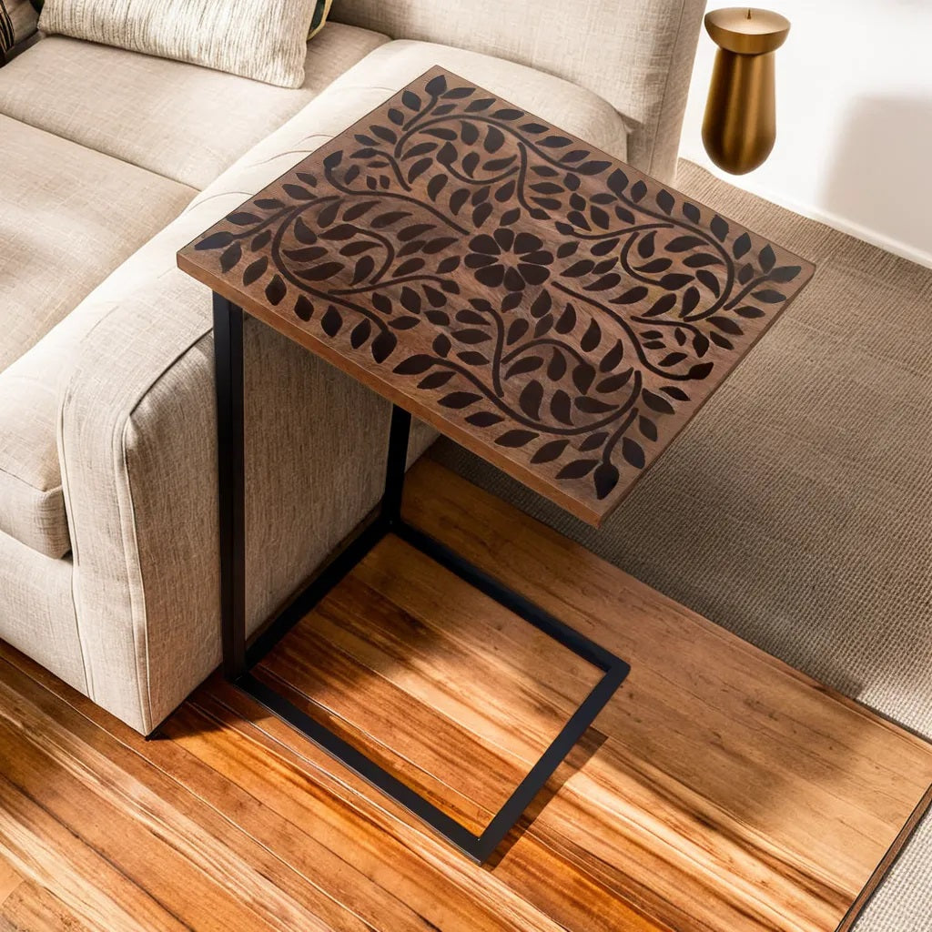 Wooden Floral Black Natural Contemporary C-Shape Side Table (GD1640)