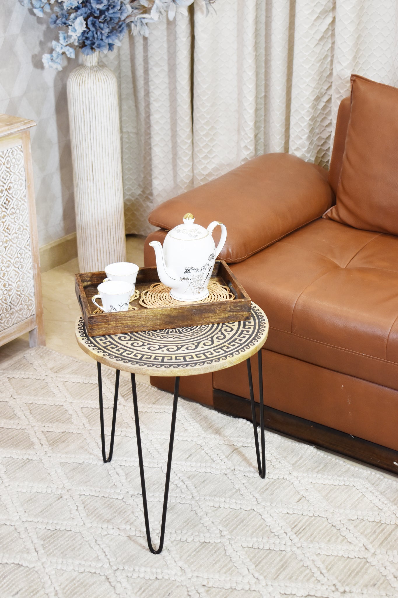 Black Natural Decorative Side wooden Table | Handcrafted Wooden Base with Carving | Metal Legs | 19x18 Inches