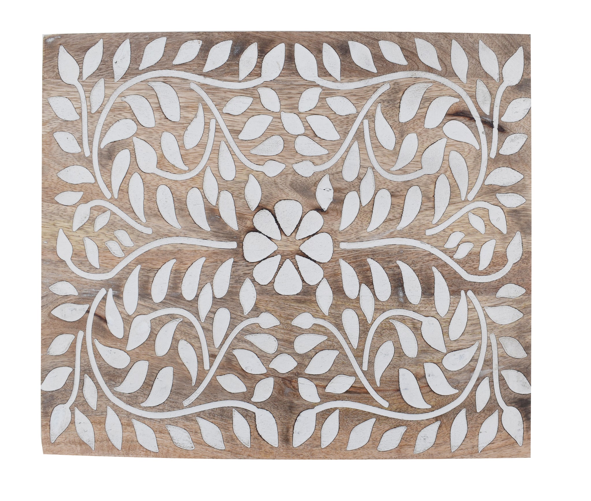 Wooden Floral White Natural Contemporary C-Shape Side Table (GD1640)