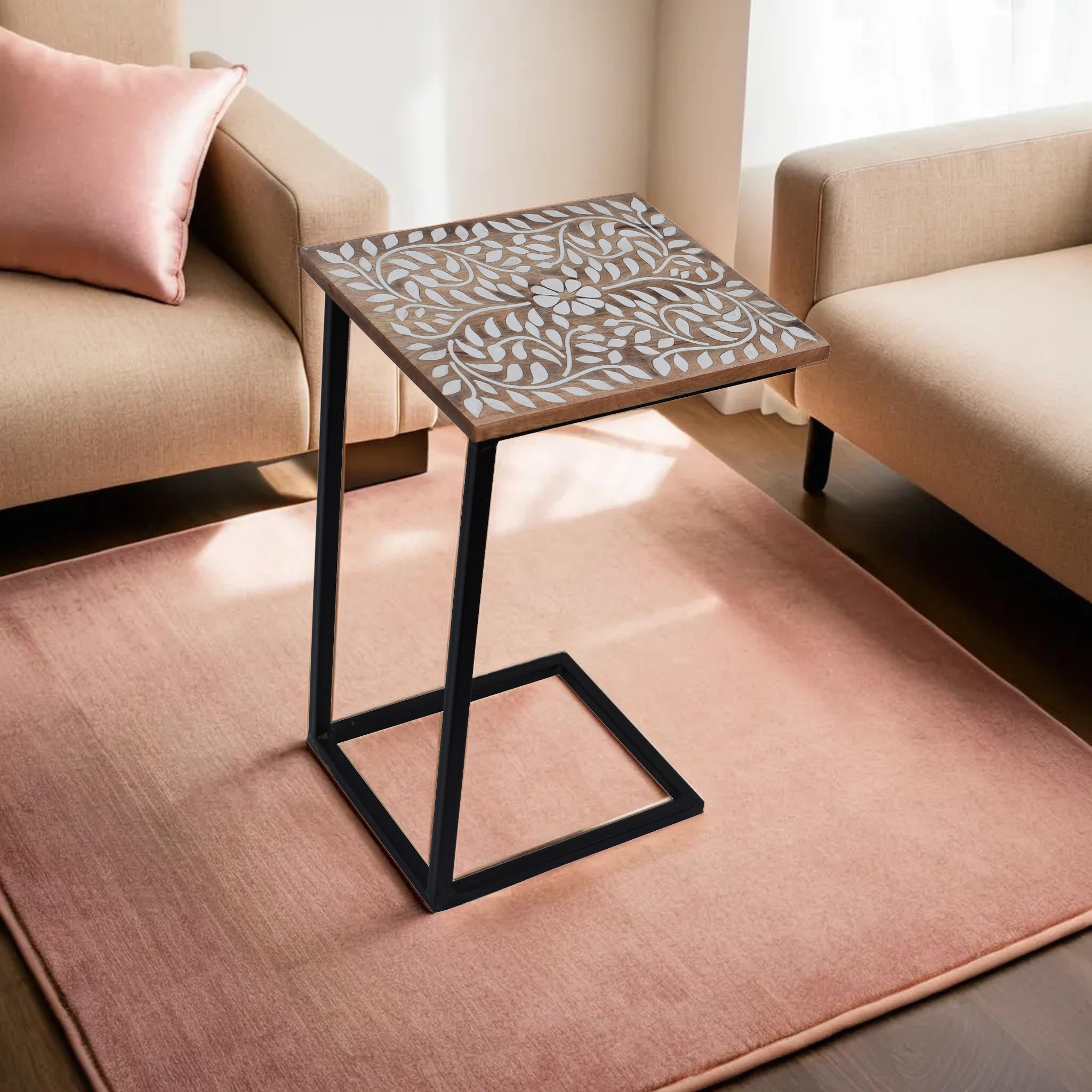 Wooden Leafs Black Contemporary C-Shape Side Table (GD1640)