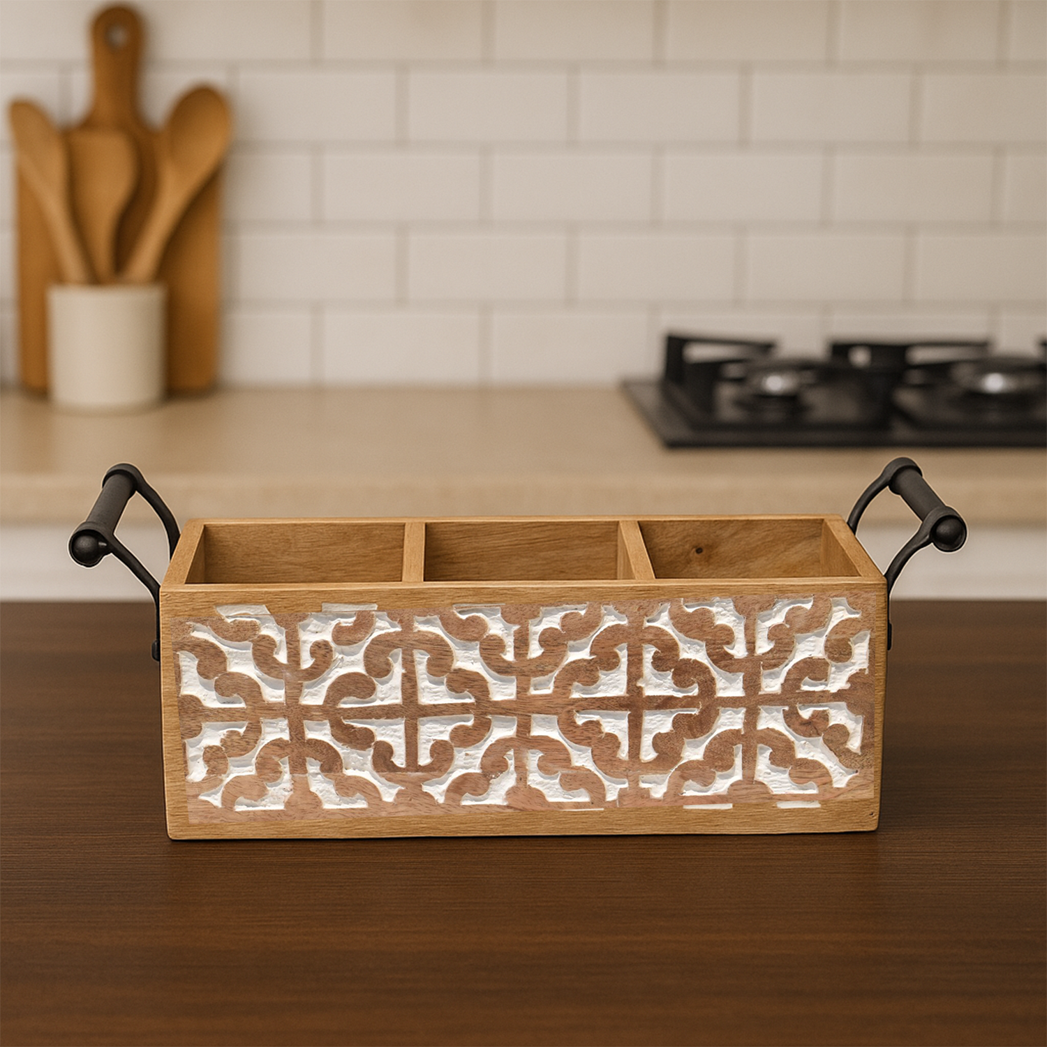 Wooden Carved Cutlery Organiser (GD6301)