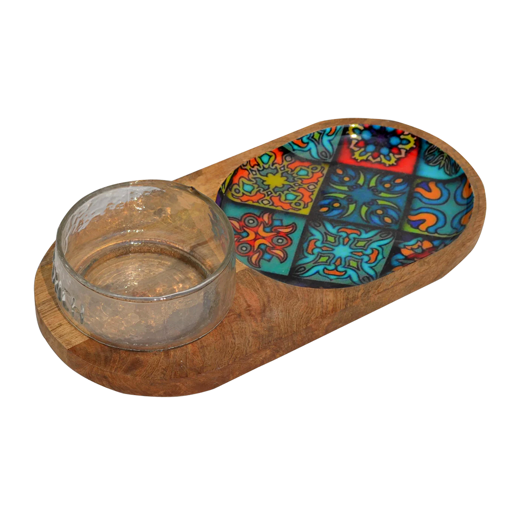 Wooden Decal Ovel Serving Platter with Glass Dip Bowl