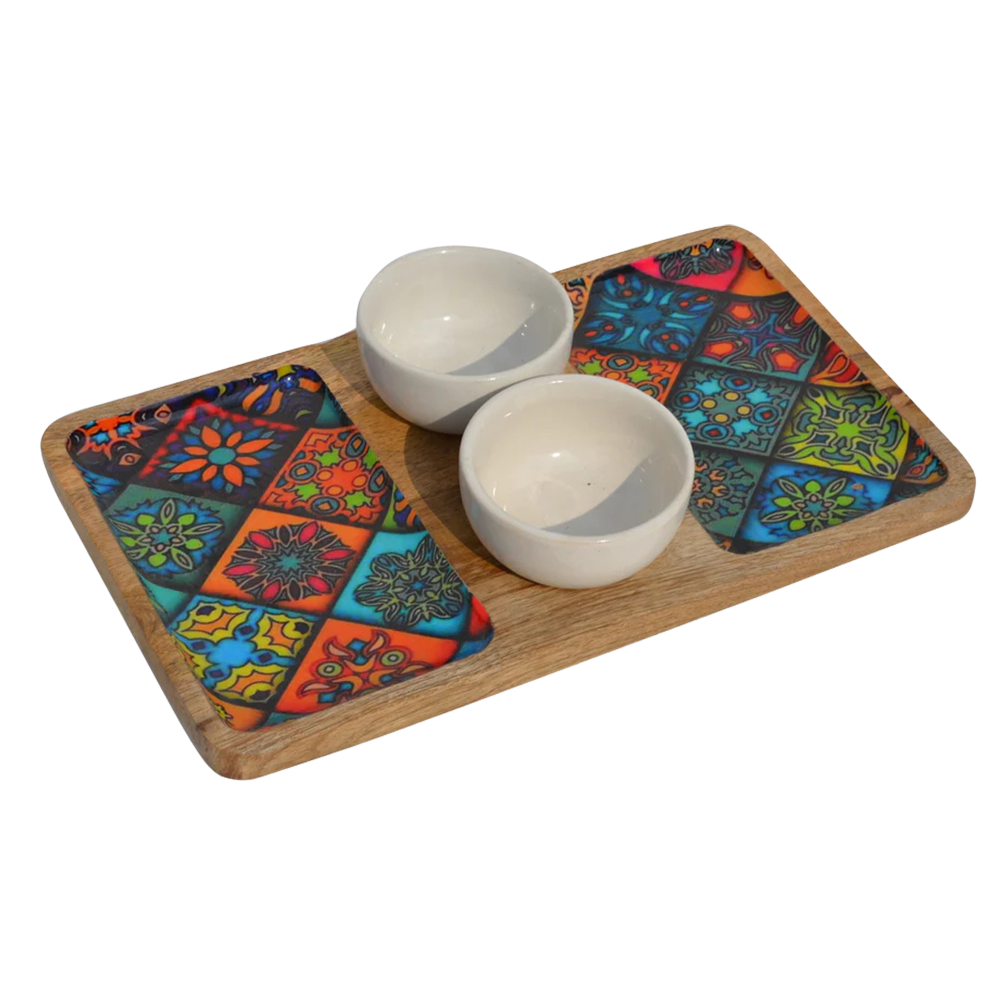 Wooden Decal Serving Platter  With Two Ceramic Bowl