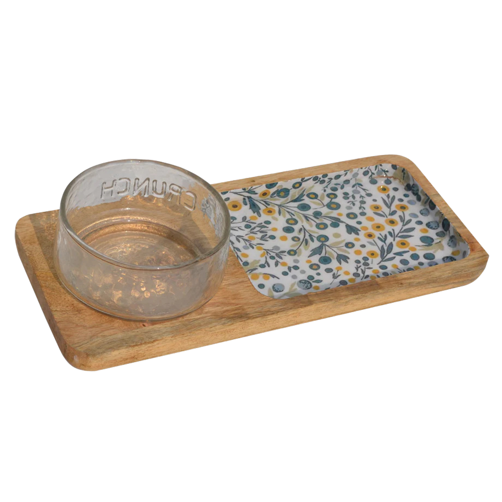 Wooden Decal Serving Platter with Glass Dip Bowl