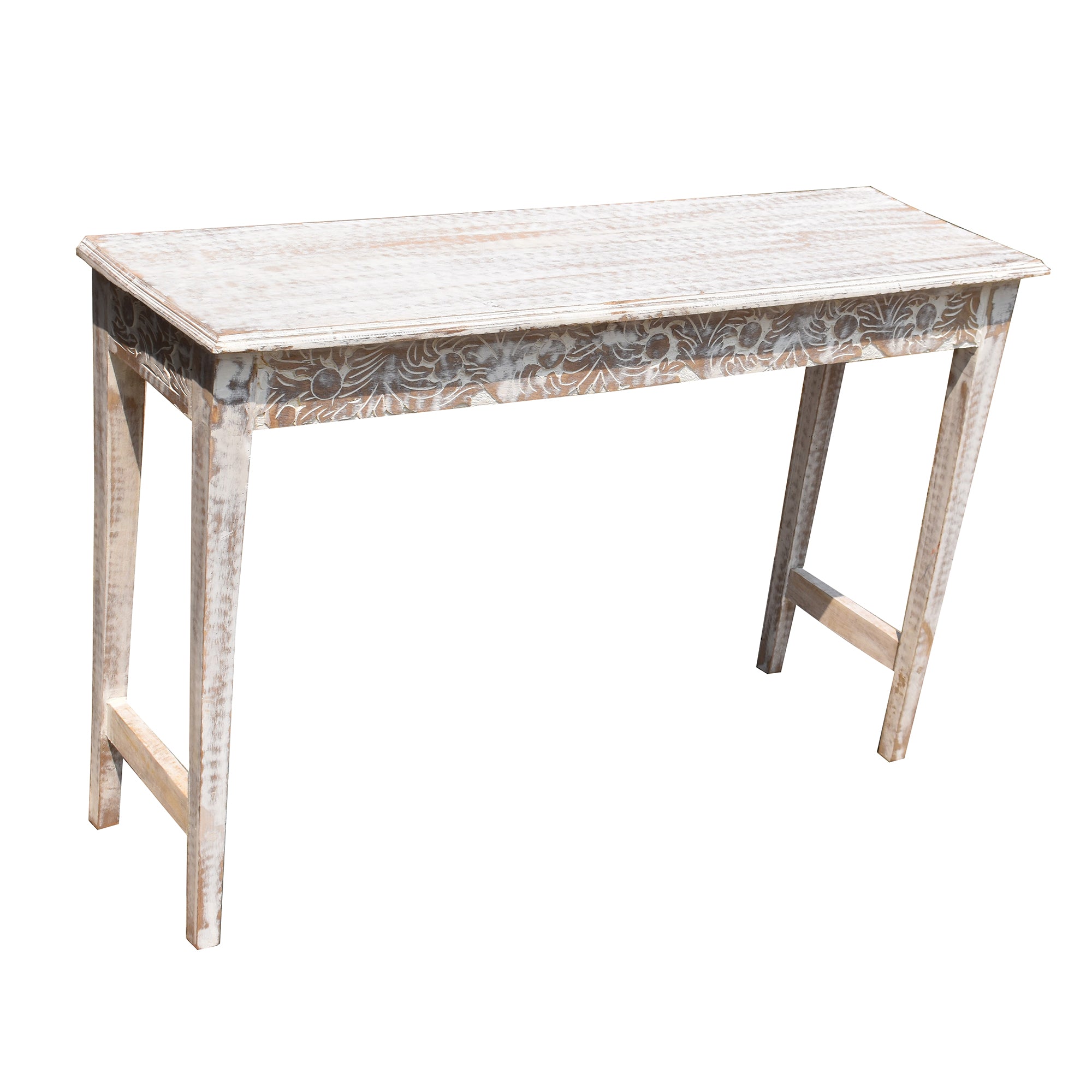 Sleek white distressd  Wooden Carved Console
