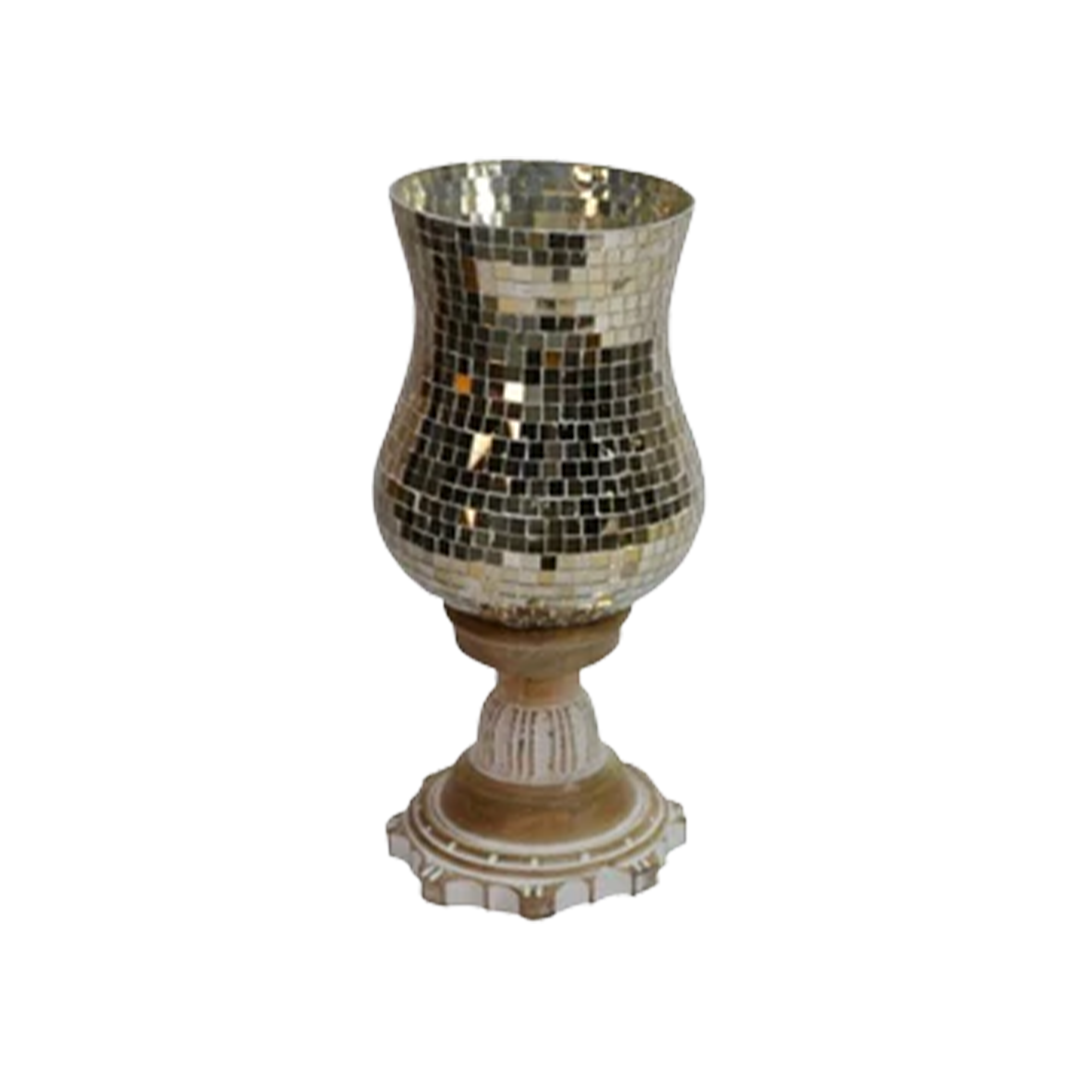 Wooden Handicrafts Hurricane with Golden Mosaic Work Glass Chimney