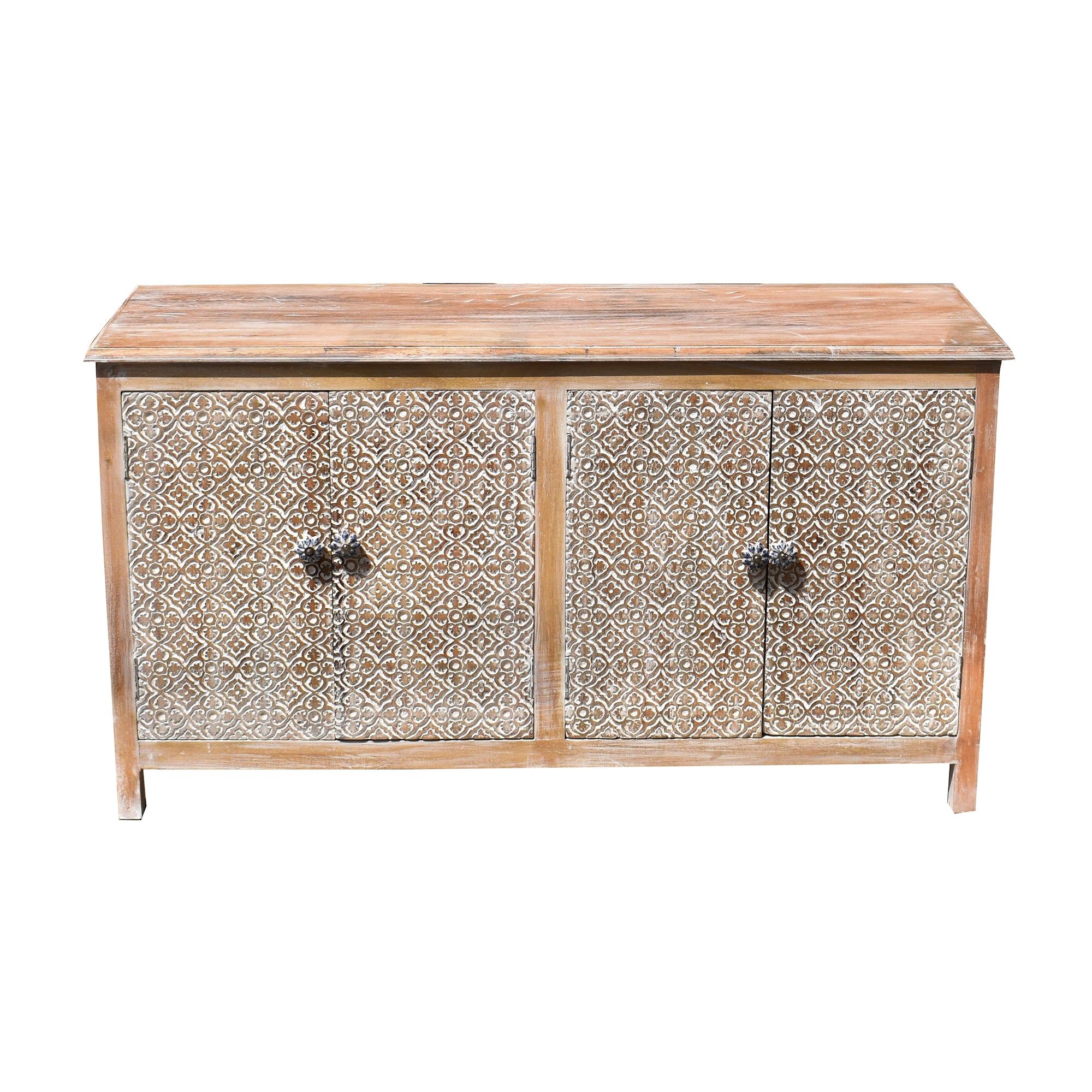 Wooden Carved Cabinet with White Antique Finish | Handcrafted Storage Cabinet