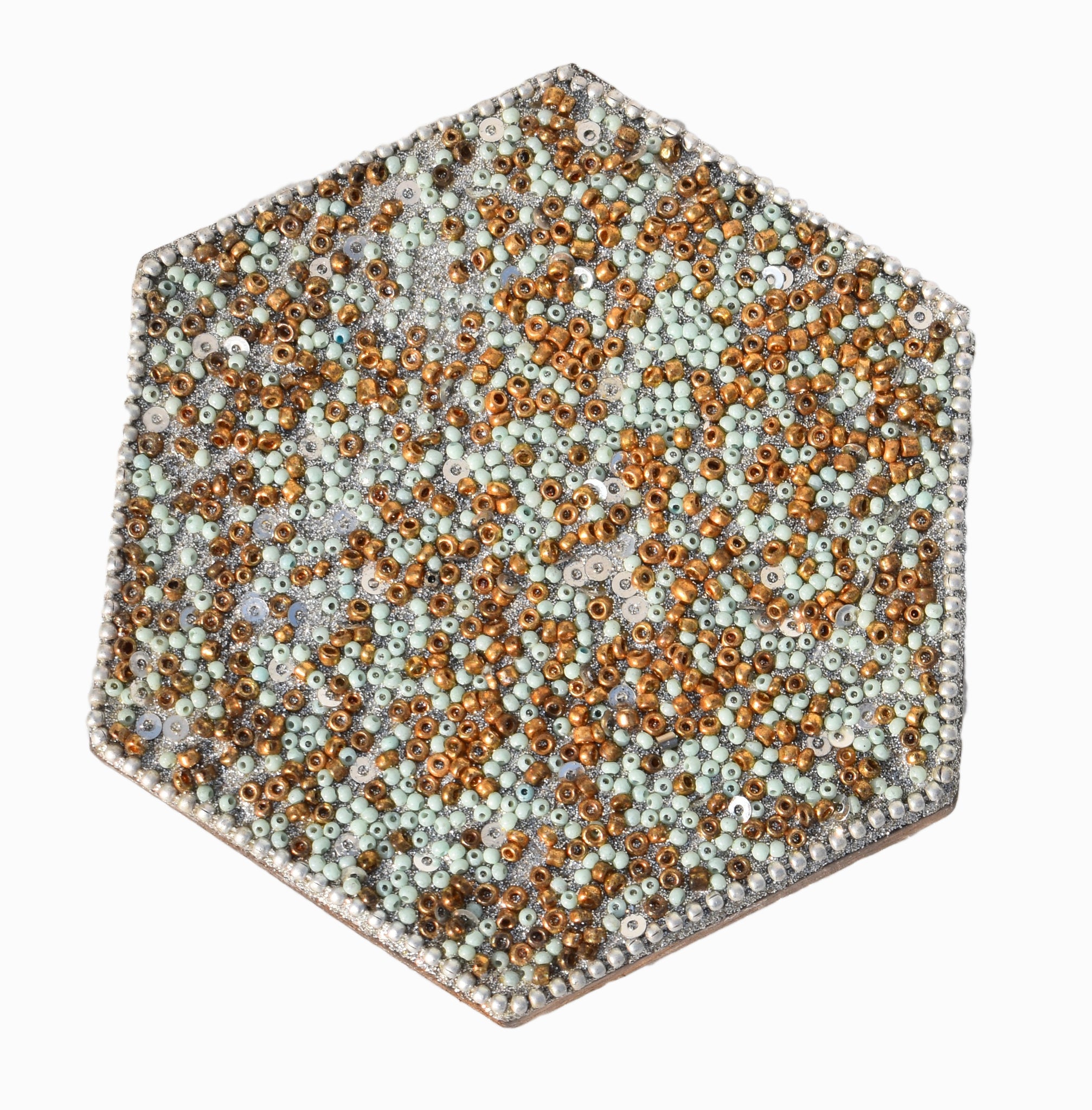 Golden & Light Green Beads Wooden Handmade Hexagon Coaster Set (10x10cm) for Home, Office Table, Gift (Pack of 4)