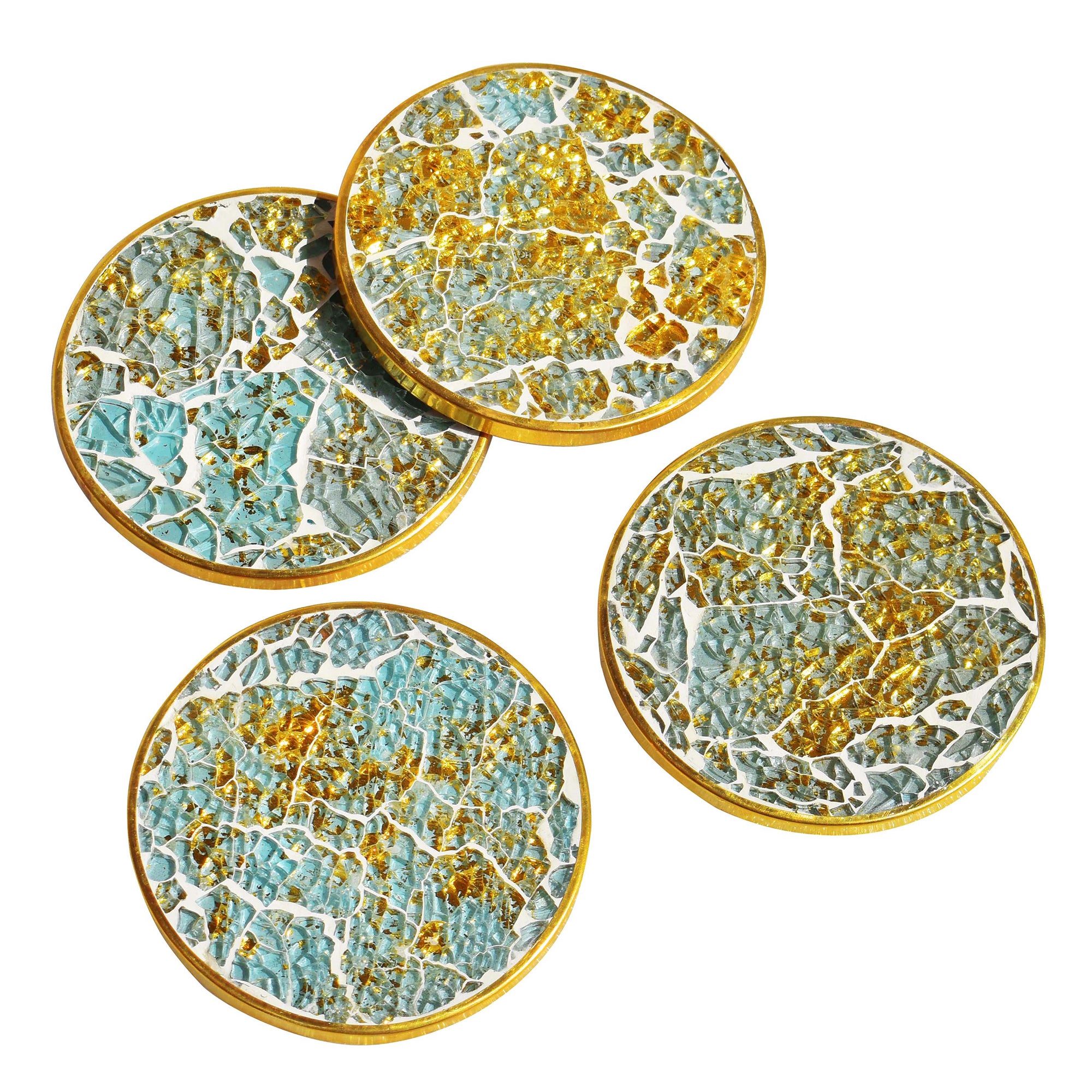 Wooden Mosaic Coaster(Turqoise and Gold Glass and Resin)