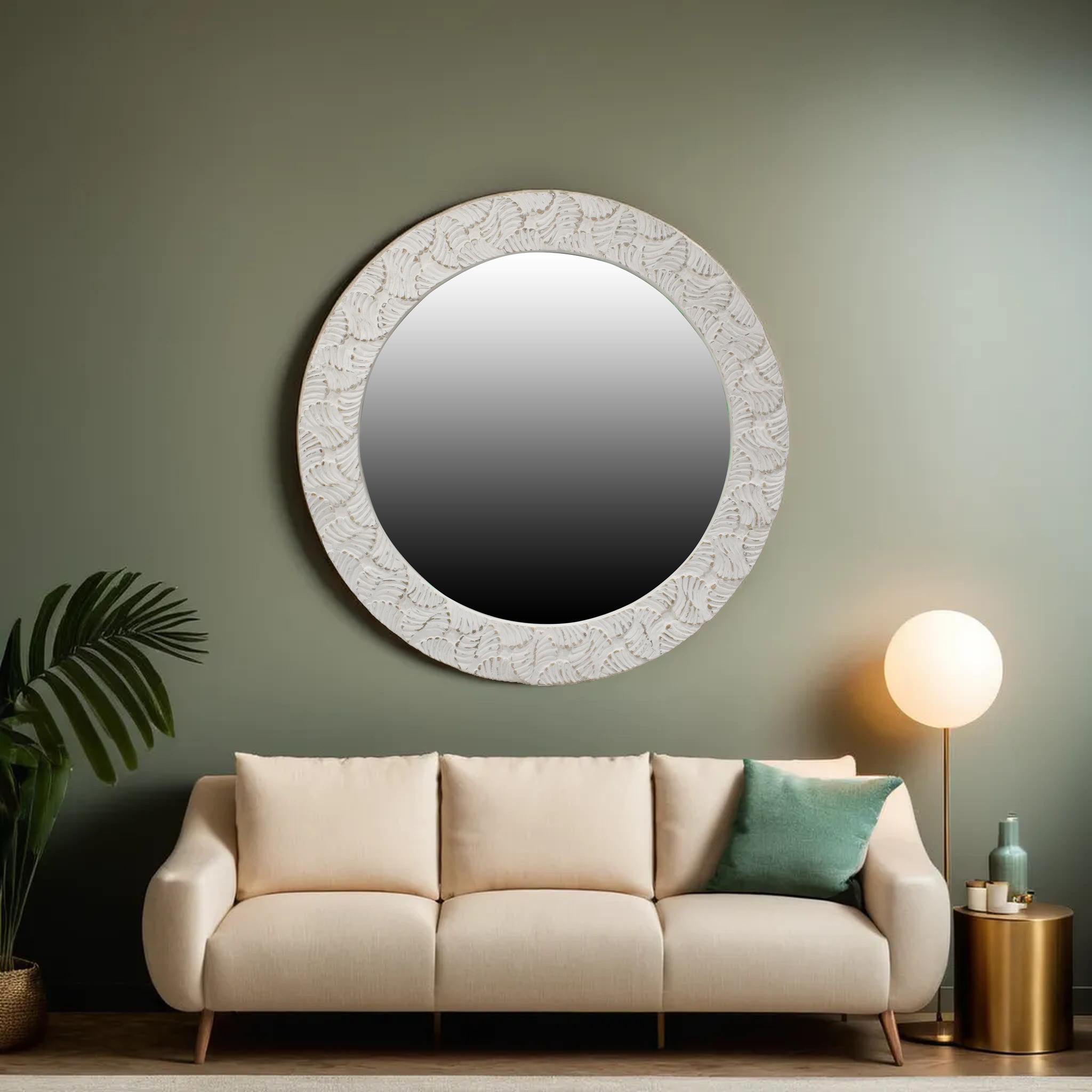 Wooden Handcarved Wall Mirror 36x36 Inches | White Antique Finish | Elegant Home Decor