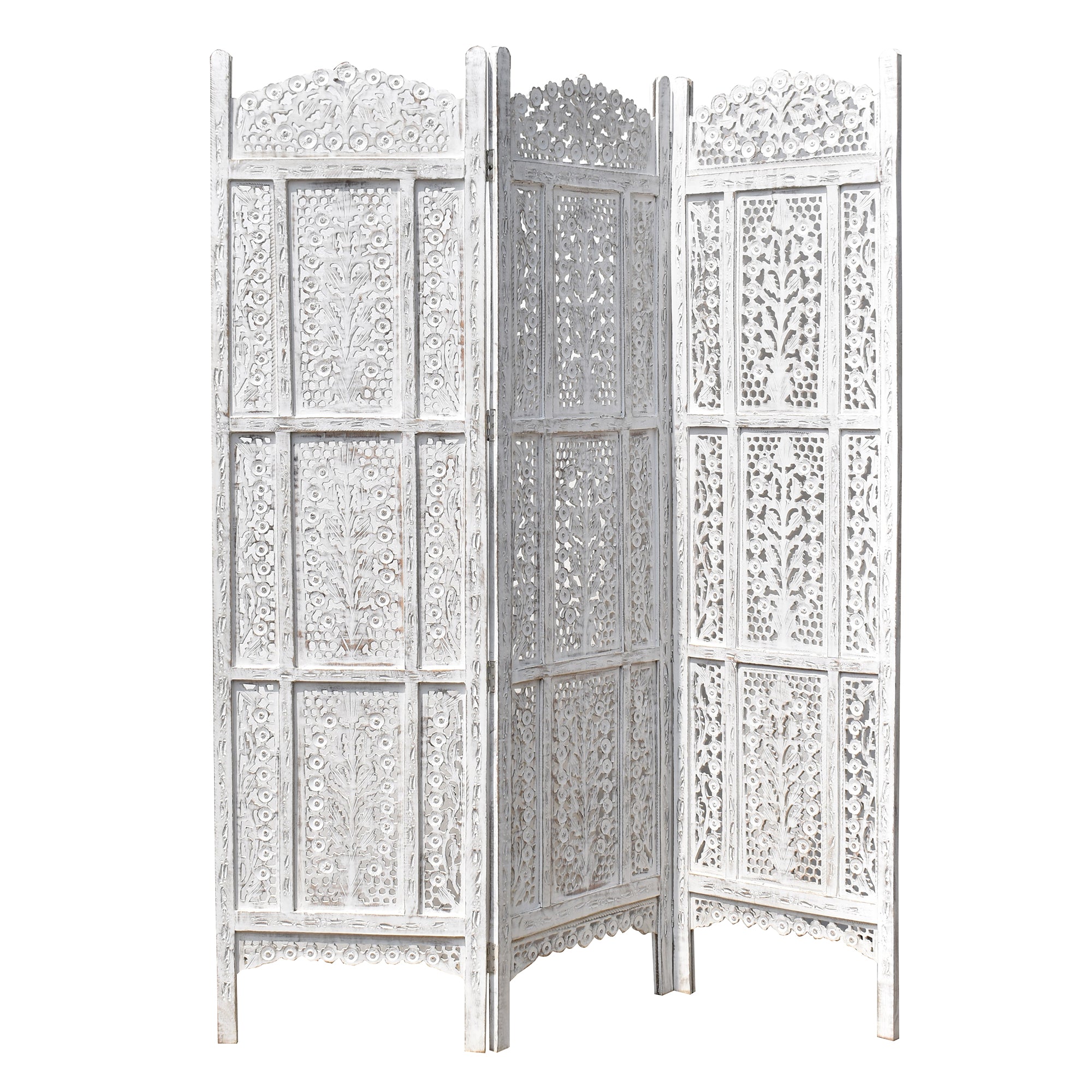 Wooden Antique White Partition Screen | Handcrafted Room Divider with Elegant Design