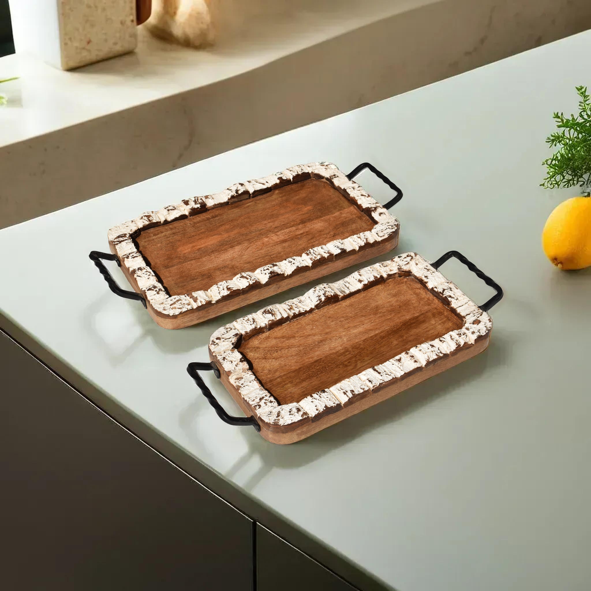 Rustic Wooden Serving Tray with Distressed White Border and Metal Handles - Handcrafted Decorative Tray for Home Entertaining