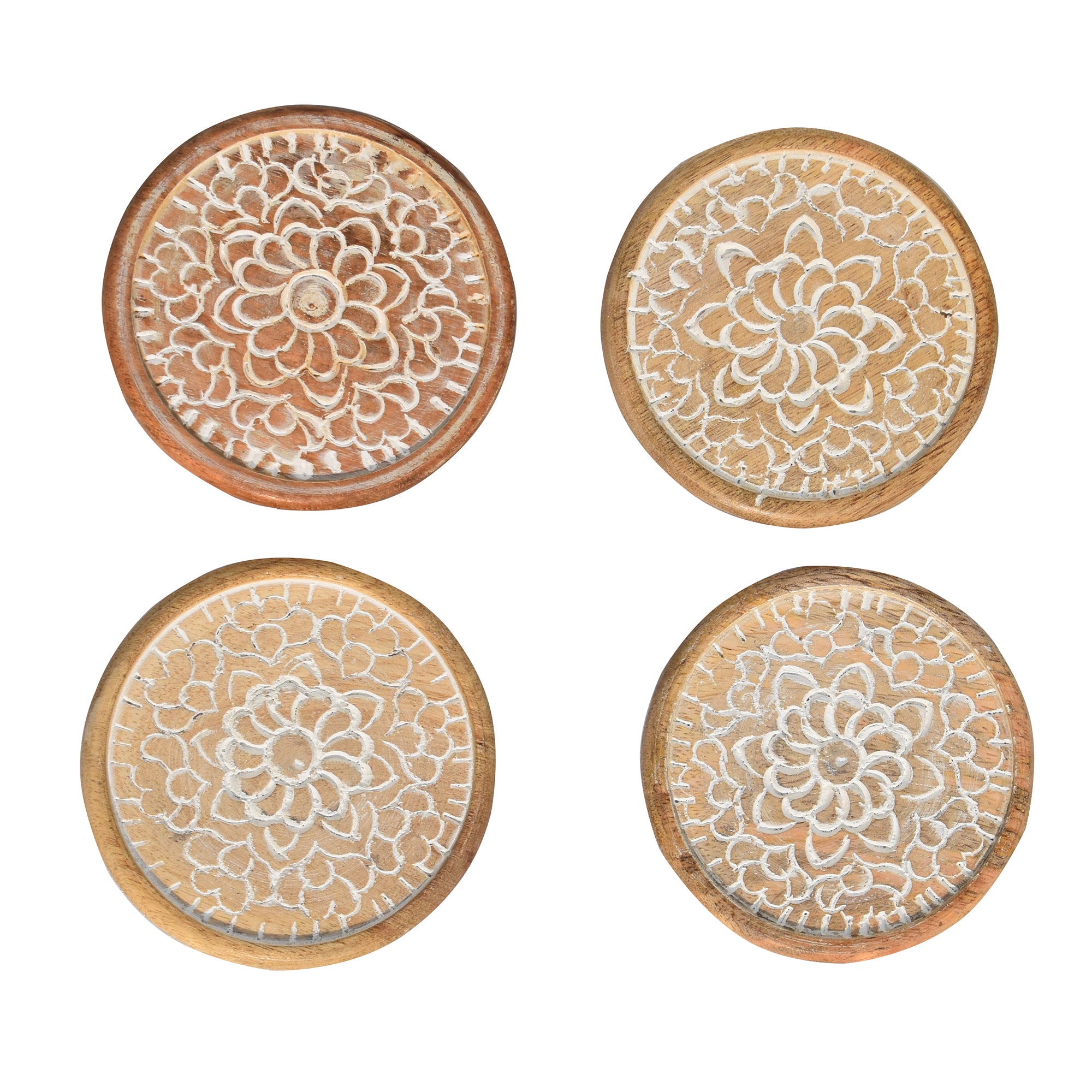 Floral Round Wooden Carved Coasters