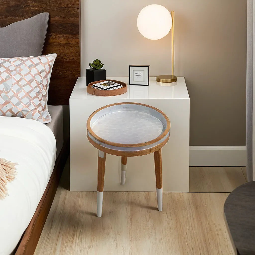 White Decal work Round Side Wooden Table