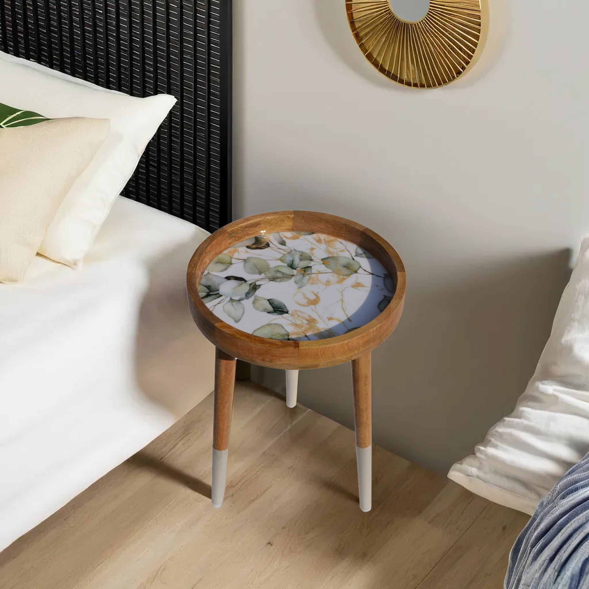 Leafs Decal work Round Side Wooden Table