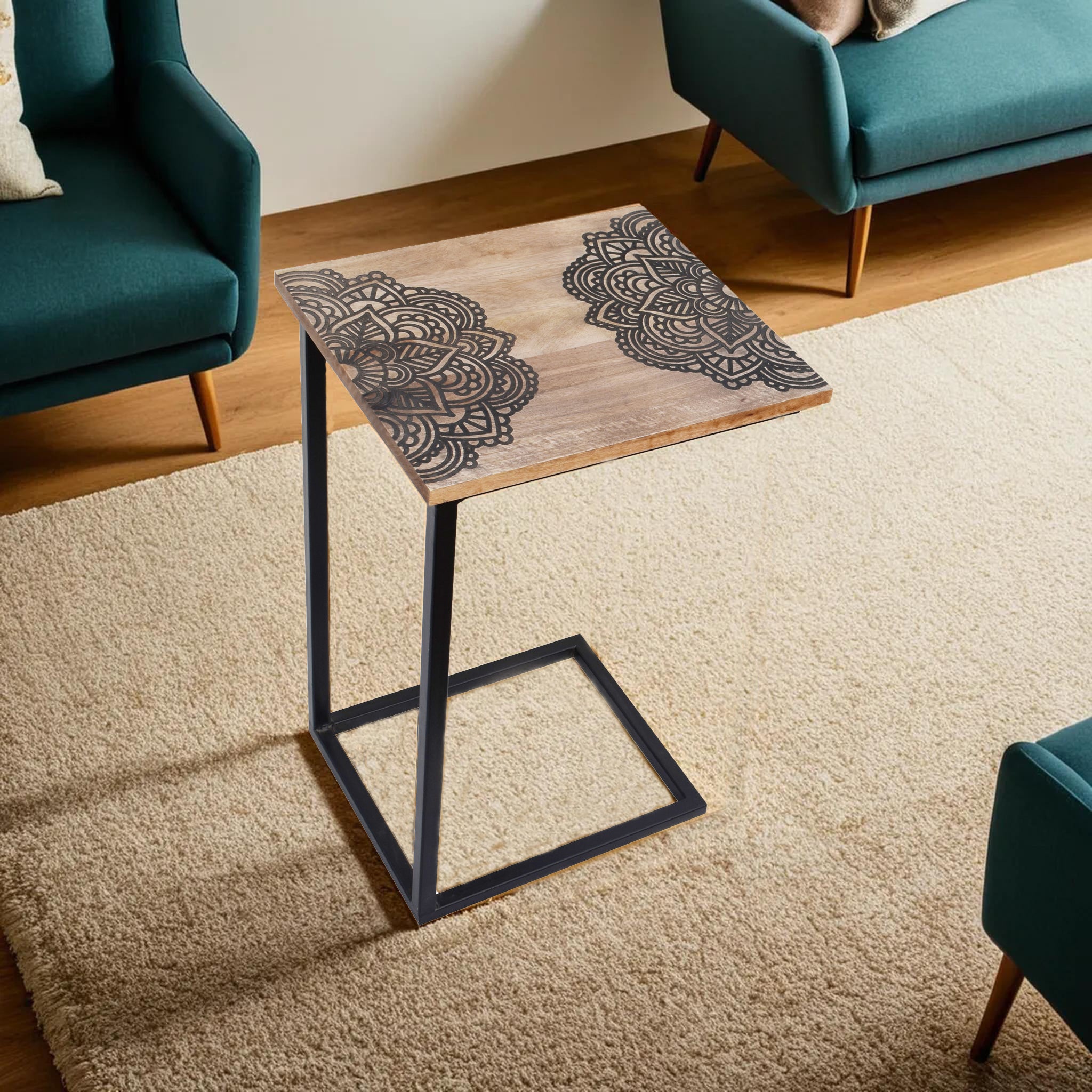 Wooden Leafs Black Contemporary C-Shape Side Table (GD1640)