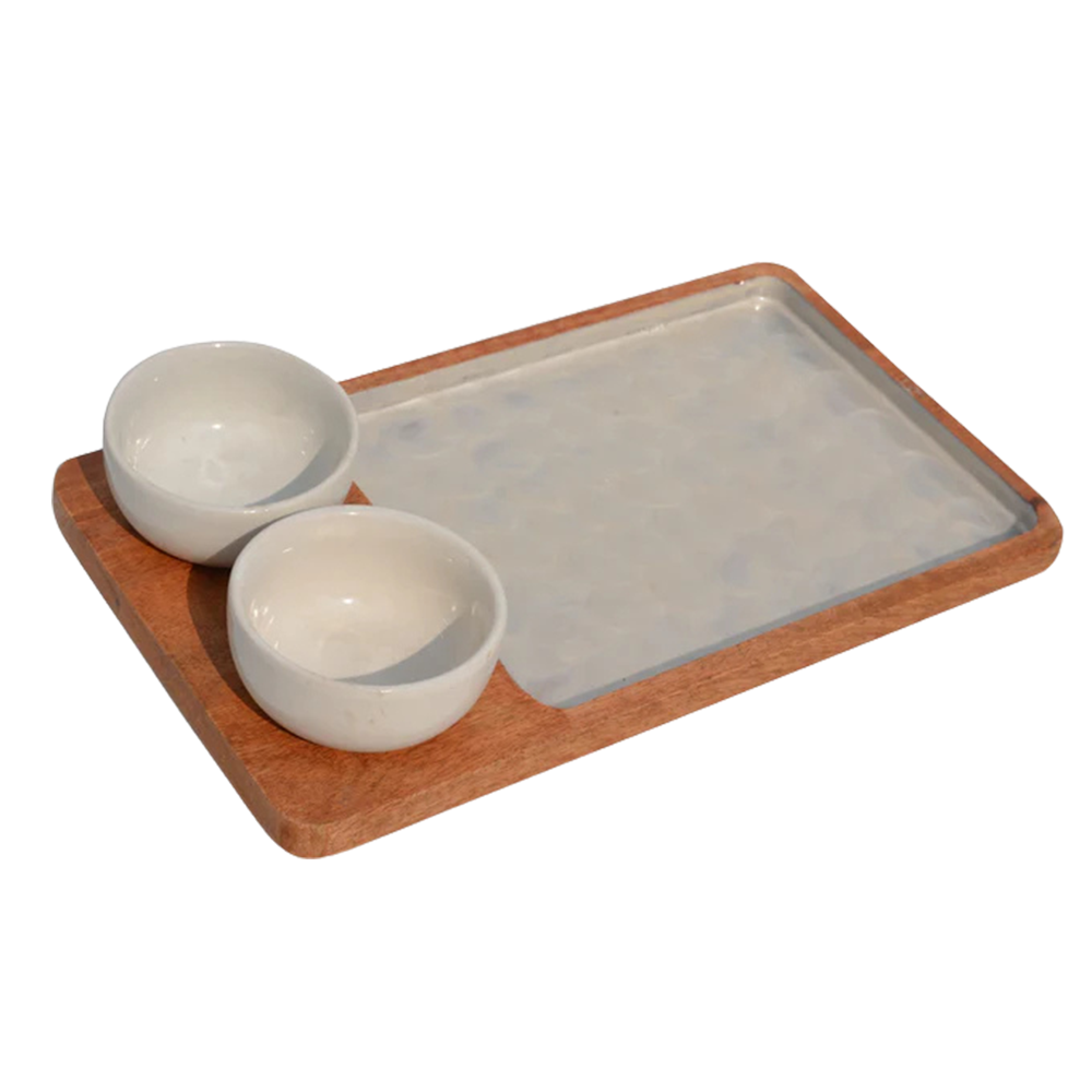 Wooden Decal Serving Platter  With Two Ceramic Bowl