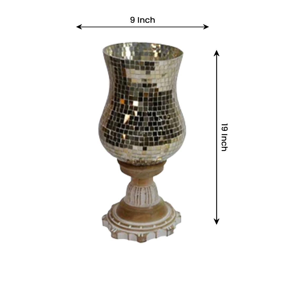 Wooden Handicrafts Hurricane with Golden Mosaic Work Glass Chimney
