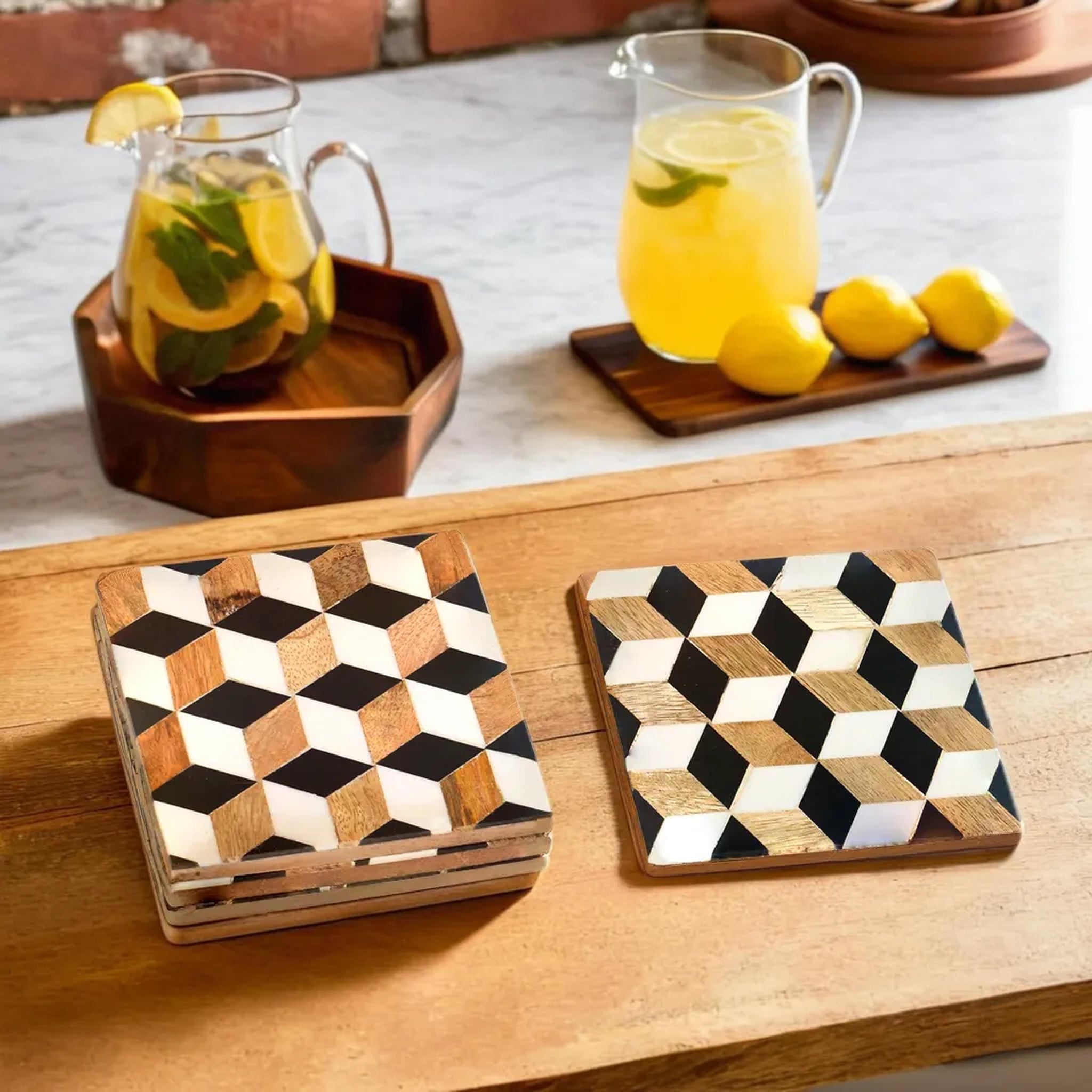 Resin Wooden Coaster(Black and white geometrical Resin)