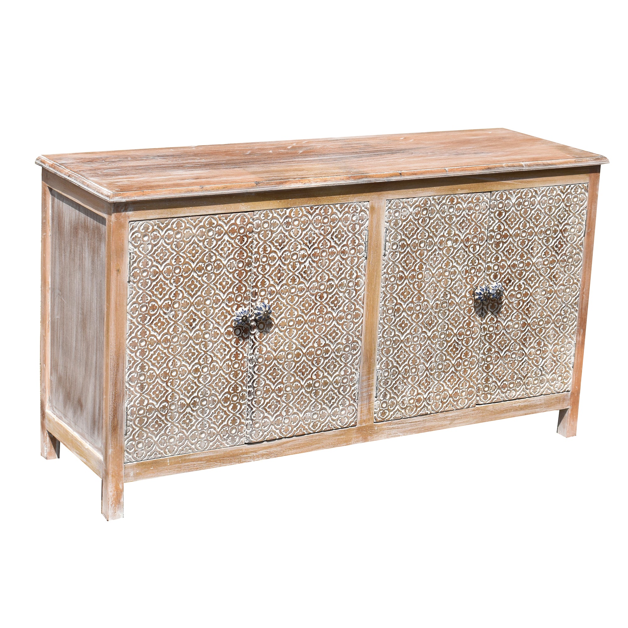Wooden Carved Cabinet with White Antique Finish | Handcrafted Storage Cabinet