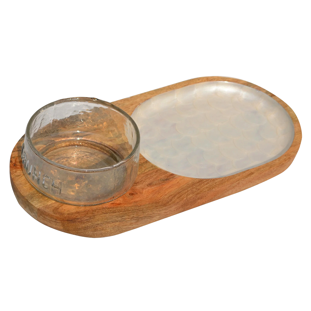 Wooden Decal Ovel Serving Platter with Glass Dip Bowl