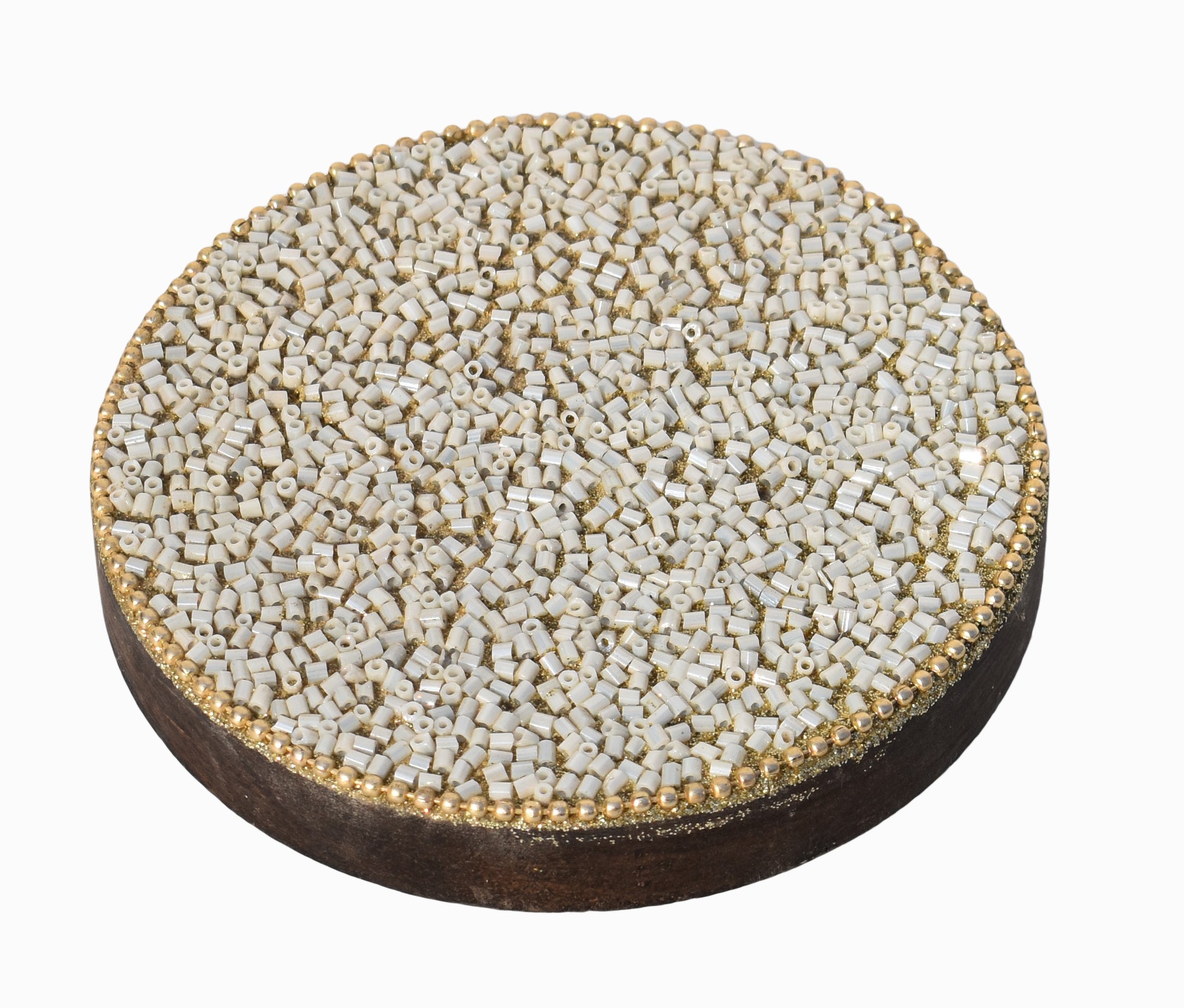 White Beads Wooden Handmade Round Coaster Set (10x10cm) for Home, Office Table, Gift (Pack of 4)