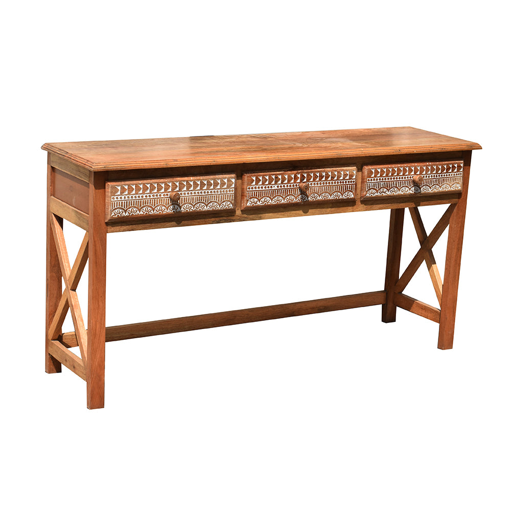 Wooden Carved Console Table with 3 Drawers | Handcrafted Design | Size: 62 x 17 x 32 Inches