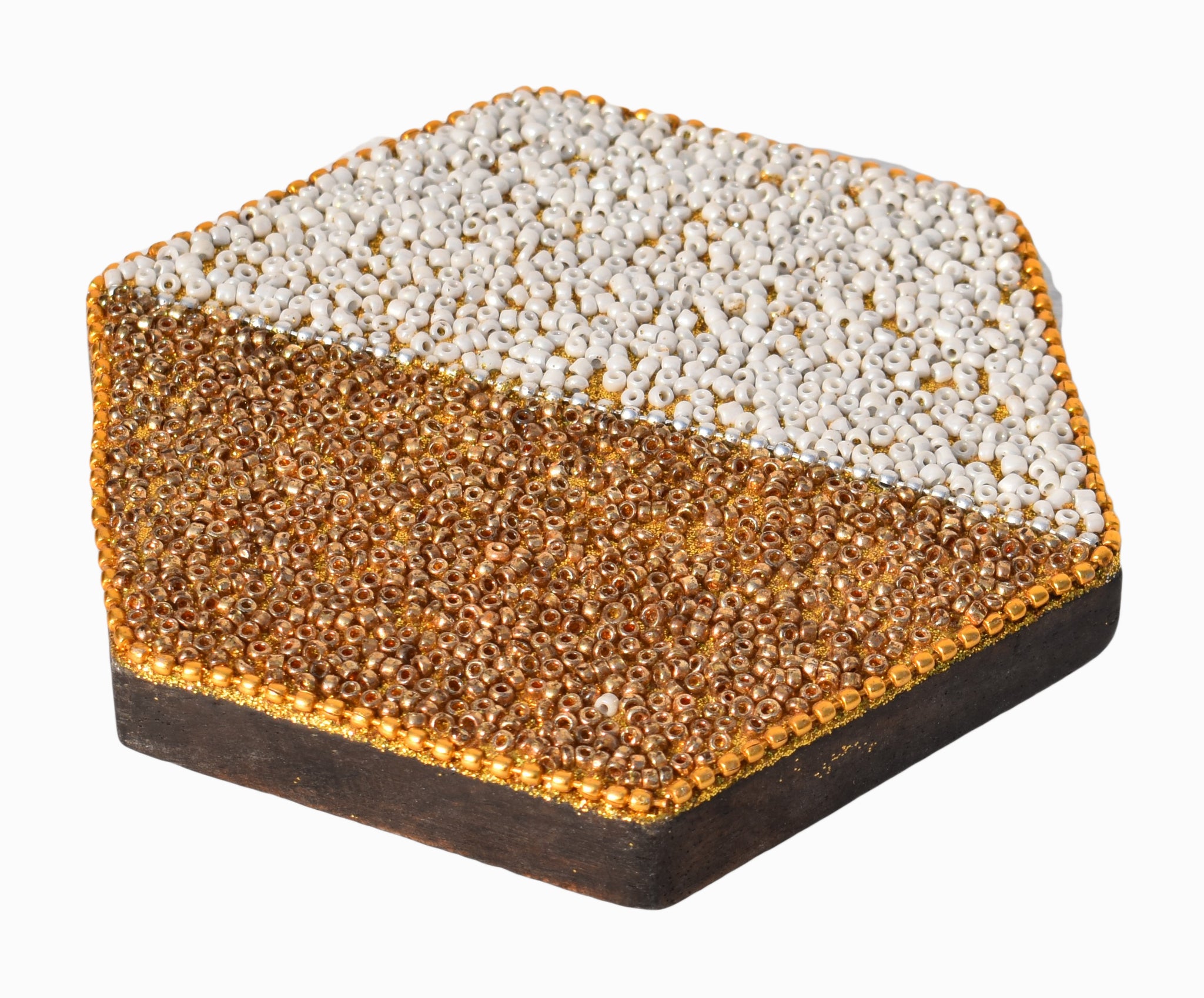 White & Golden Beads Wooden Handmade Hexagon Coaster Set of 4 (10x10cm) for Home, Office Table, Gift (Pack of 4)
