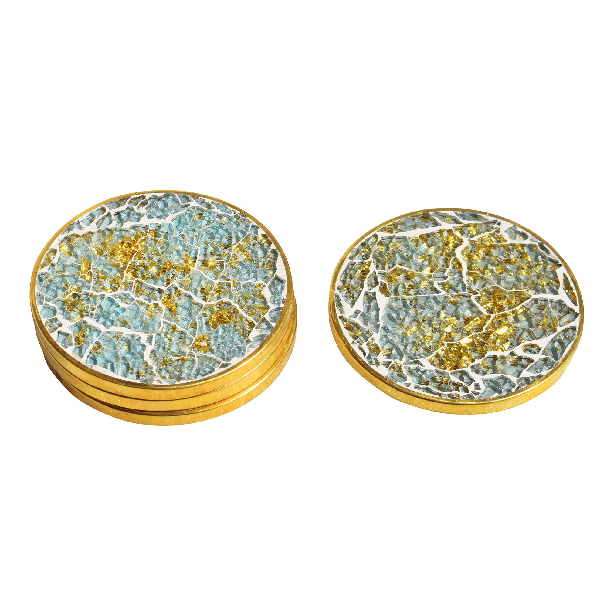 Wooden Mosaic Coaster(Turqoise and Gold Glass and Resin)