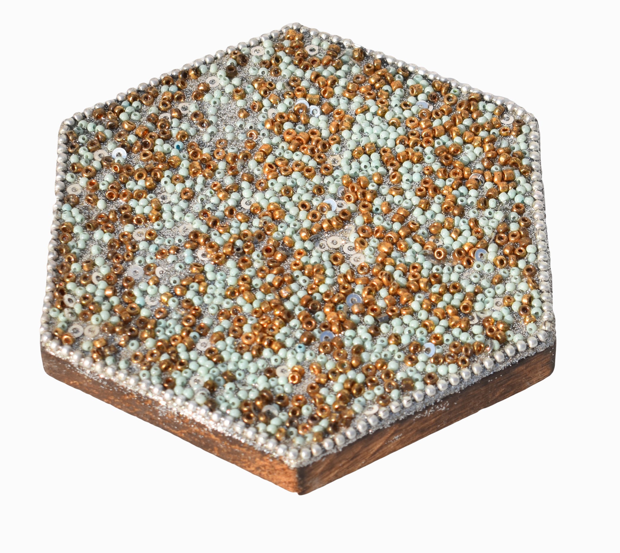Golden & Light Green Beads Wooden Handmade Hexagon Coaster Set (10x10cm) for Home, Office Table, Gift (Pack of 4)
