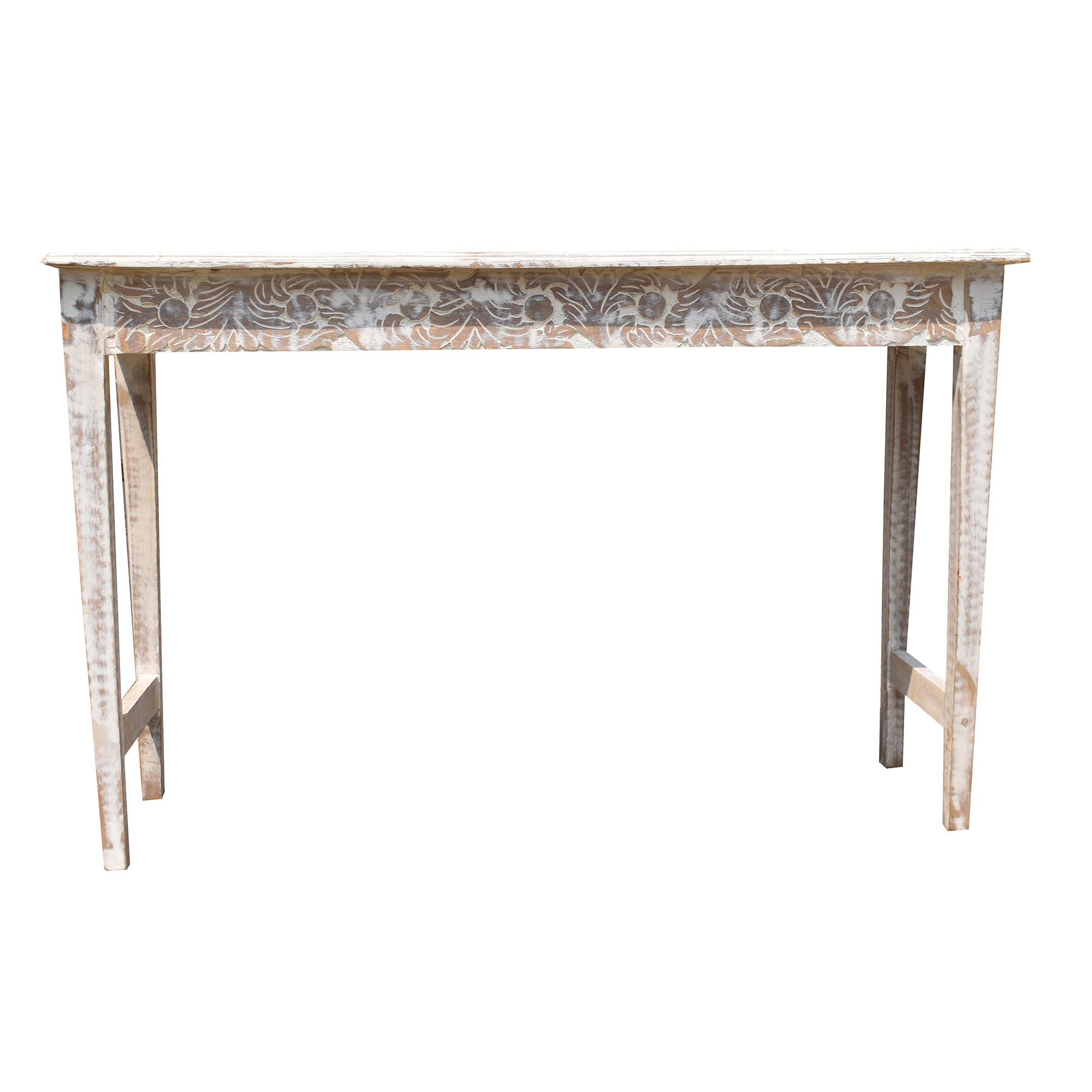 Sleek white distressd  Wooden Carved Console