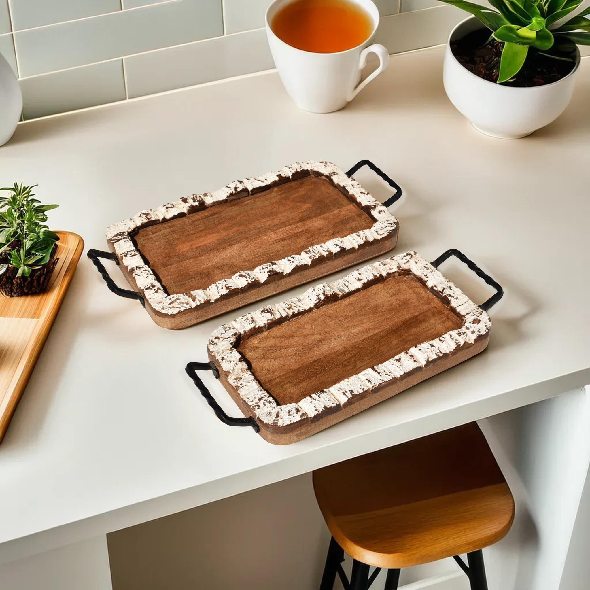 Rustic Wooden Serving Tray with Distressed White Border and Metal Handles - Handcrafted Decorative Tray for Home Entertaining